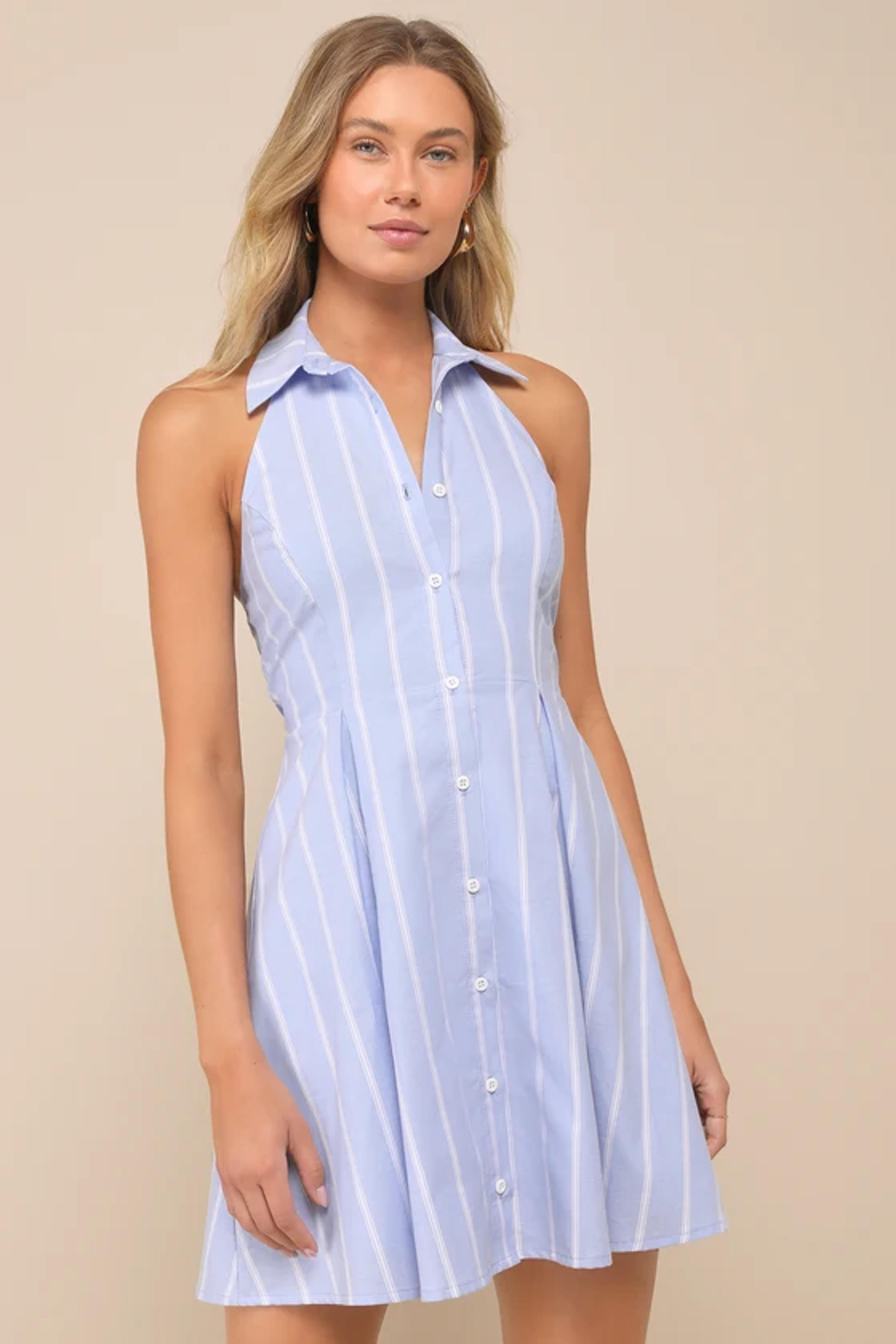 Posh Beauty Light Blue Striped Collared Halter Mini Skater Dress