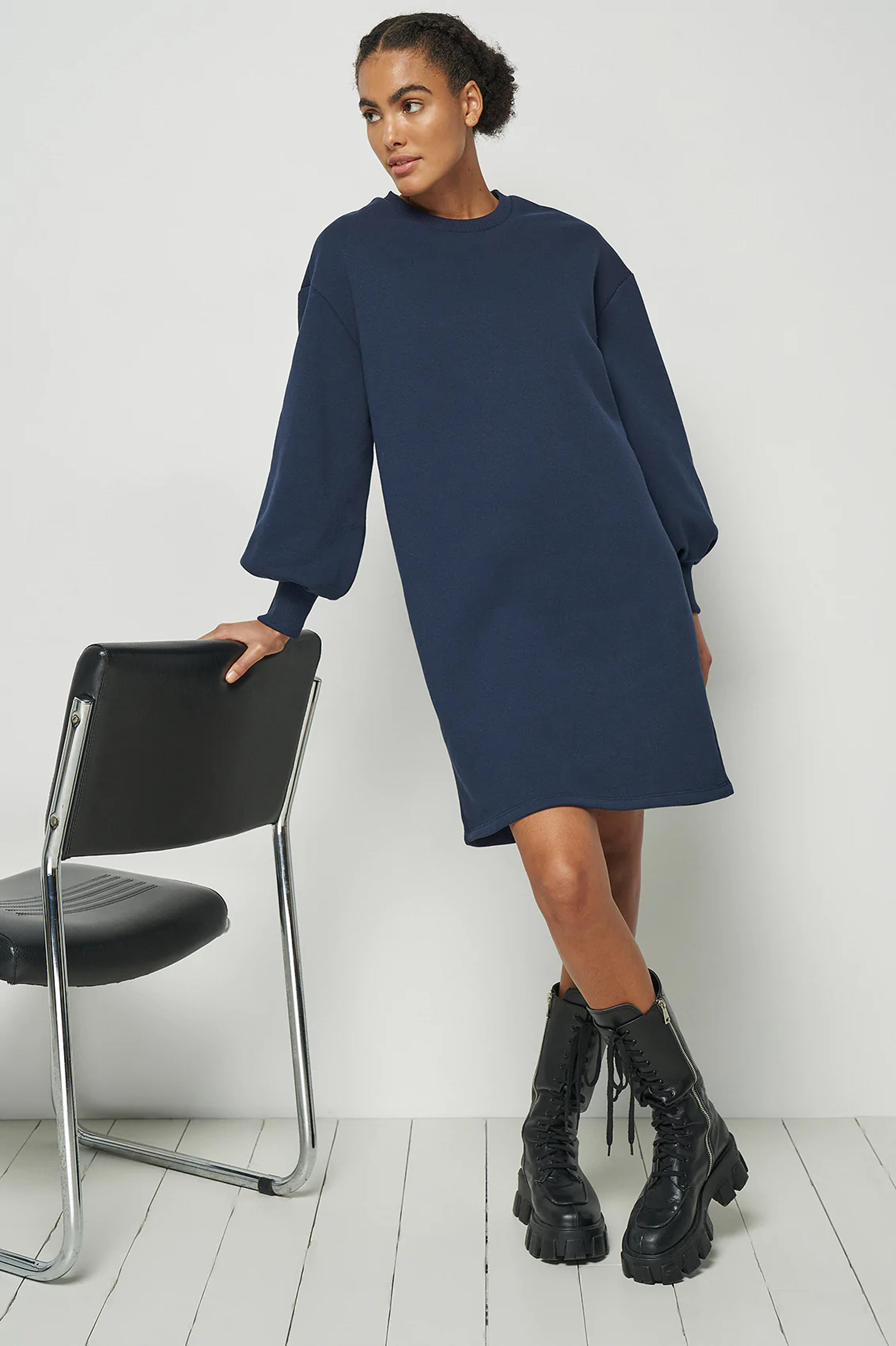 100% Recycled Puff Sleeve Sweatshirt Dress - XS / Navy