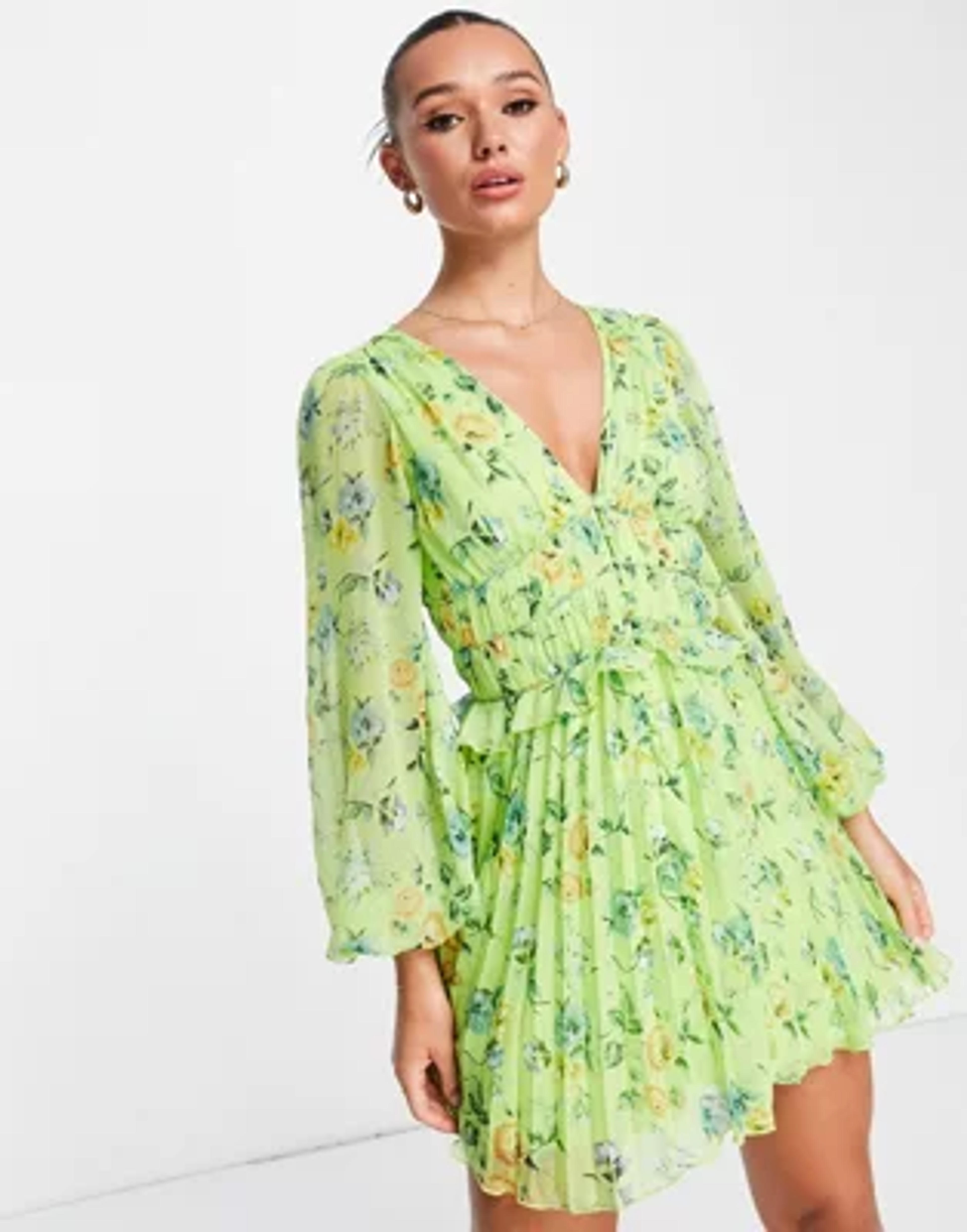 ASOS DESIGN button through ruched waist pleated mini dress in green floral print | ASOS