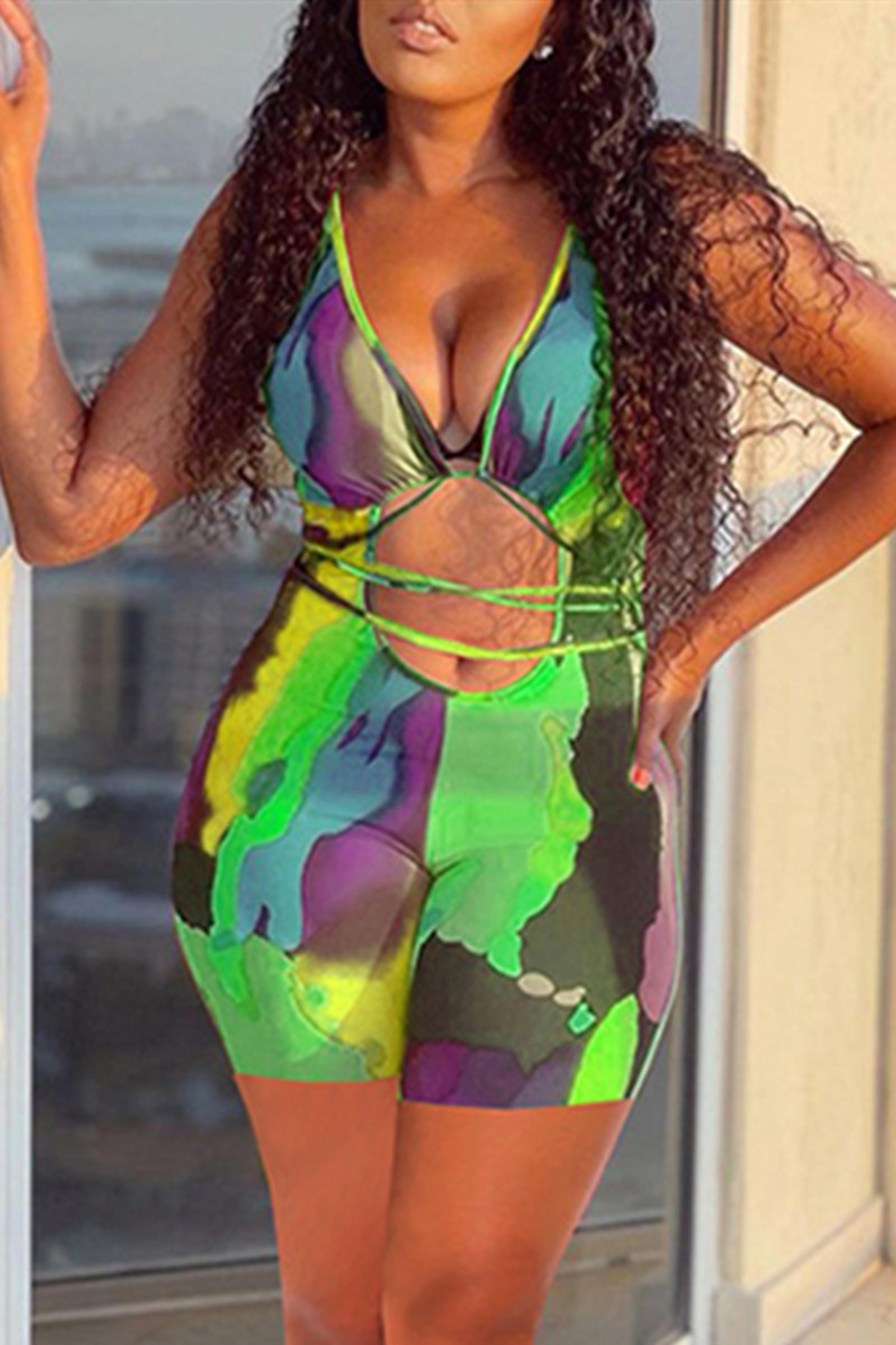 Fluorescent Green Fashion Sexy Print Hollowed Out Strap Design V Neck Skinny Romper_Rompers_KnowFashionStyle | Wholesale Shoes,Wholesale Clothing, Cheap Clothes,Cheap Shoes Online. - KnowFashionStyle.com