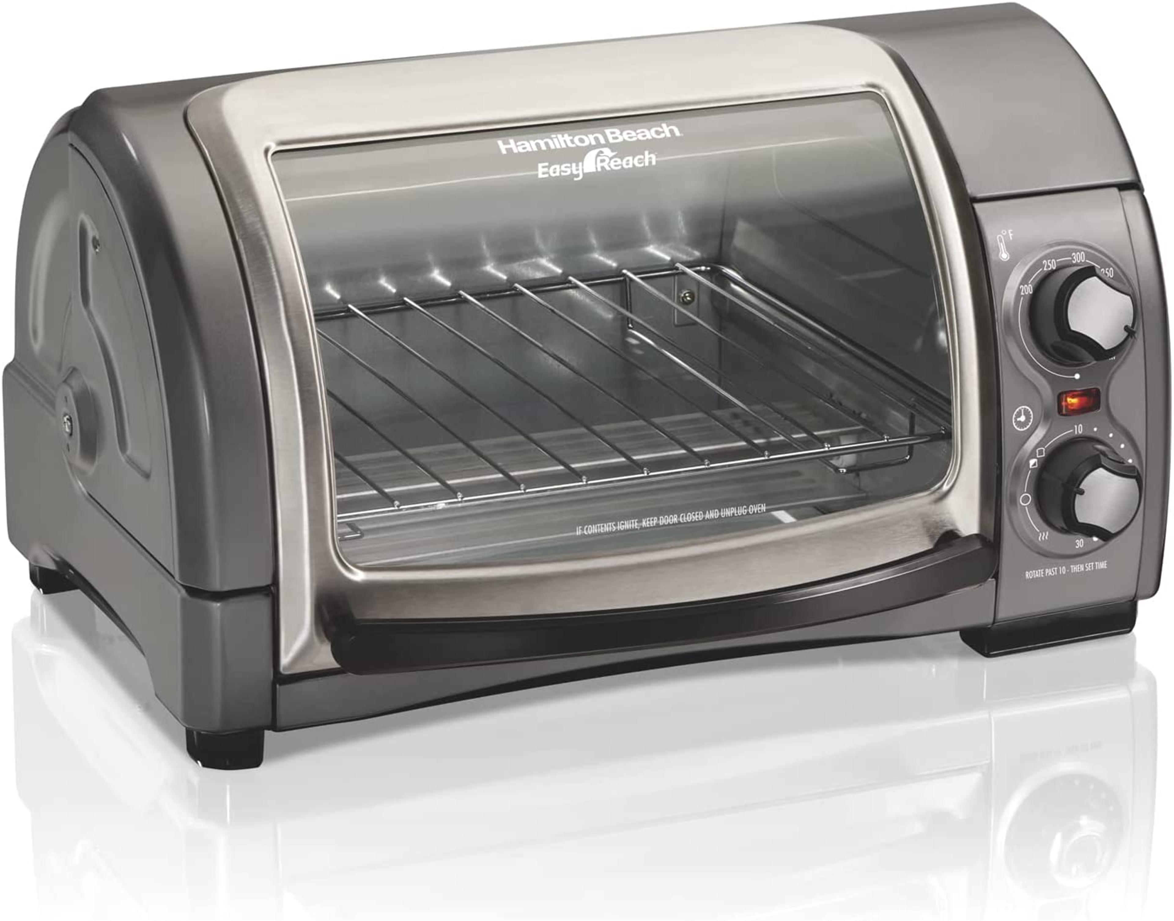 Hamilton Beach Easy Reach 4-Slice Countertop Toaster Oven With Roll-Top Door, 1200 Watts, Fits 9” Pizza, 3 Cooking Functions for Bake, Broil and Toast, Silver (31344DA)