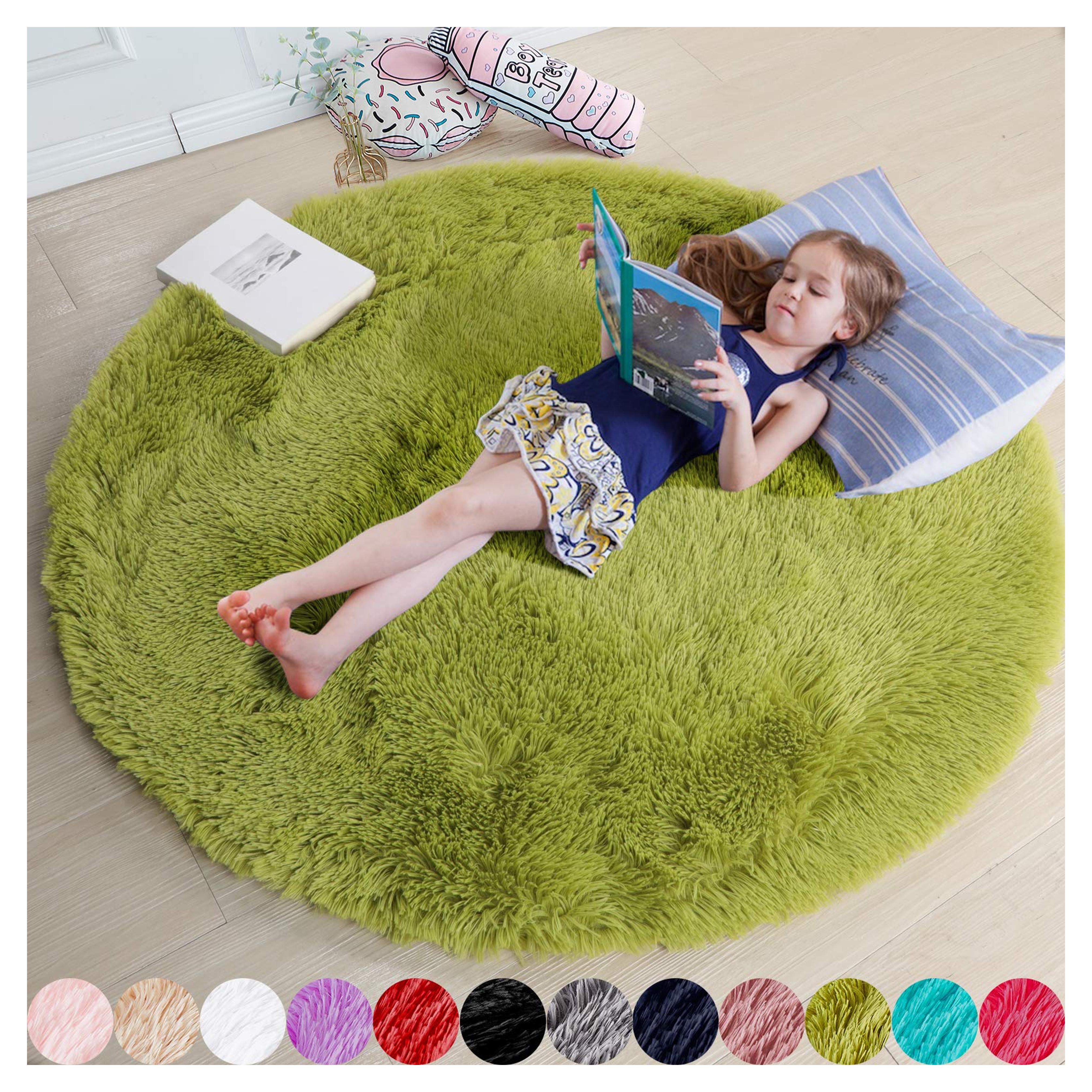 Limited-time deal: Grass Green Round Rug for Bedroom,Fluffy Circle Rug 4'X4' for Kids Room,Furry Carpet for Teen's Room,Shaggy Rug for Nursery Room,Fuzzy Plush Rug for Dorm,Cute Room Decor for Baby