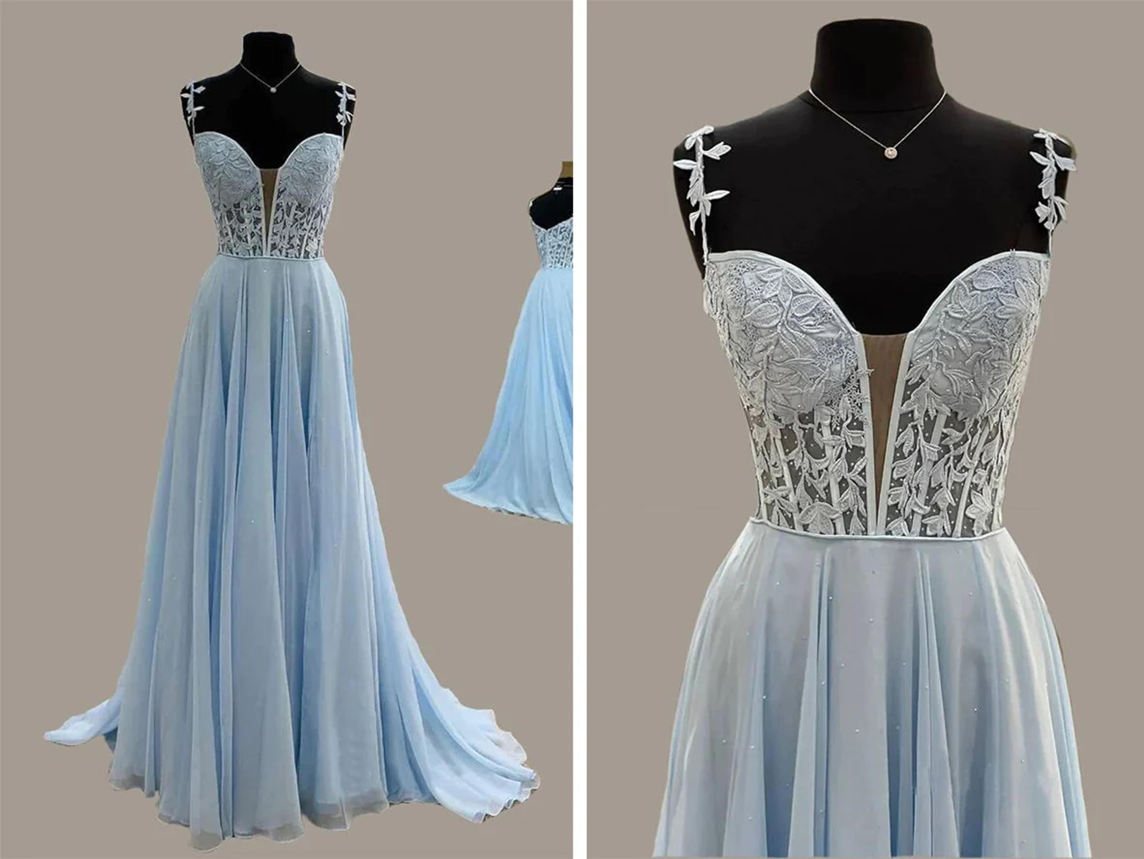 Plunging See Through Corset Blue Straps Prom Dresses Slit P630 – promboutiqueonline