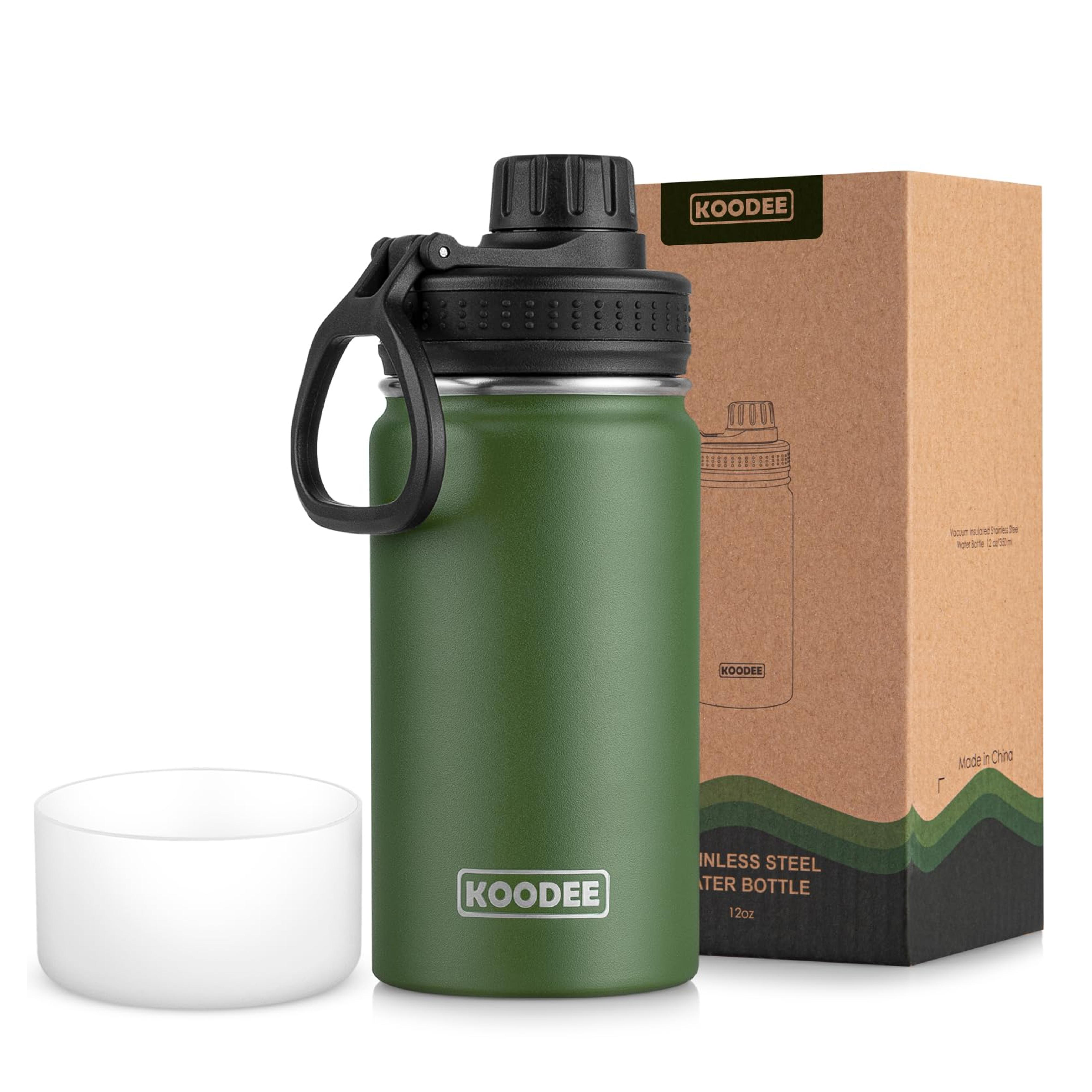 koodee 12 oz Water Bottle Stainless Steel Vacuum Insulated Wide Mouth Water Flask with Leakproof Spout Lid, Reusable Metal Water Bottle BPA Free(Grass Green)