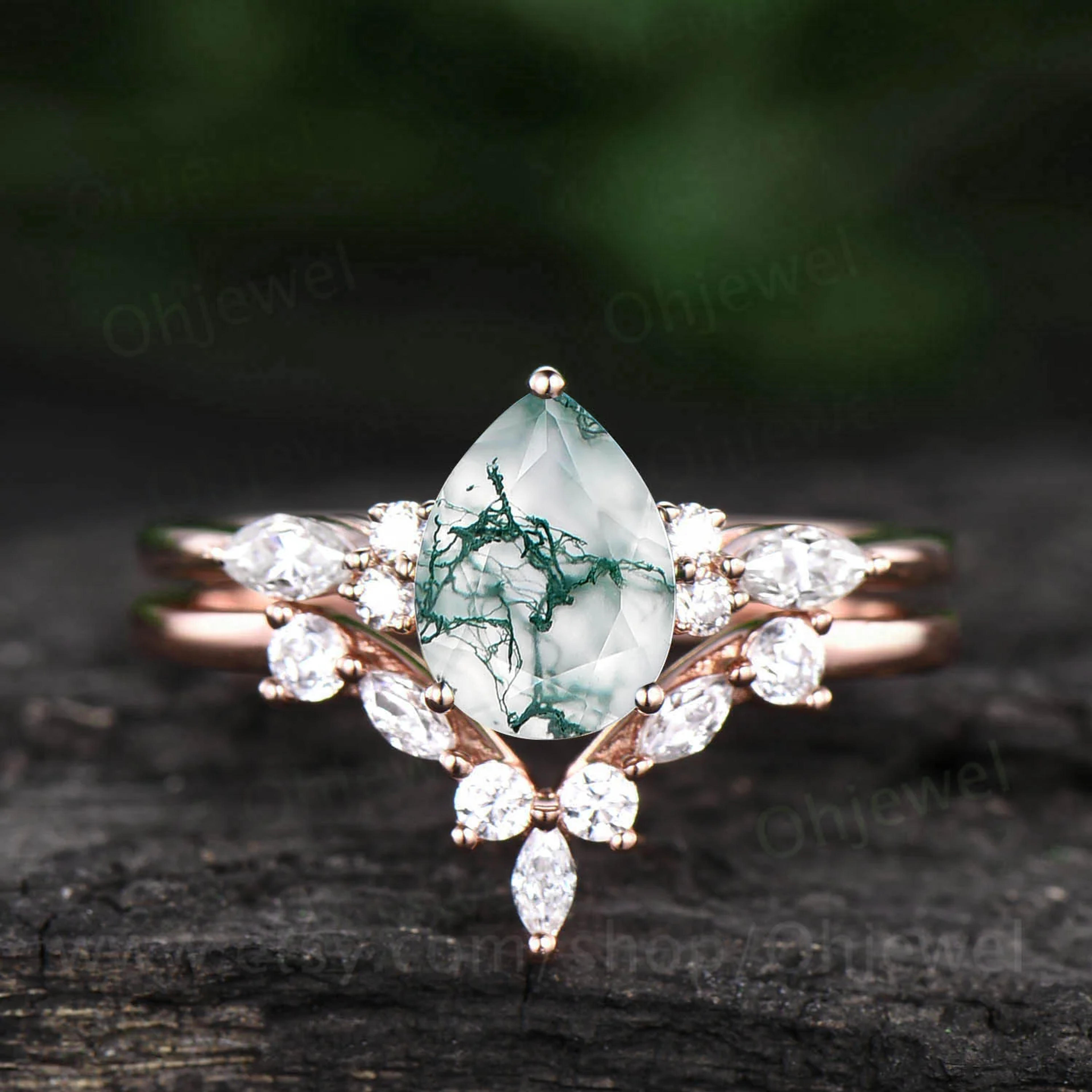 Pear shaped moss agate engagement ring set vintage moss agate ring set – Ohjewel