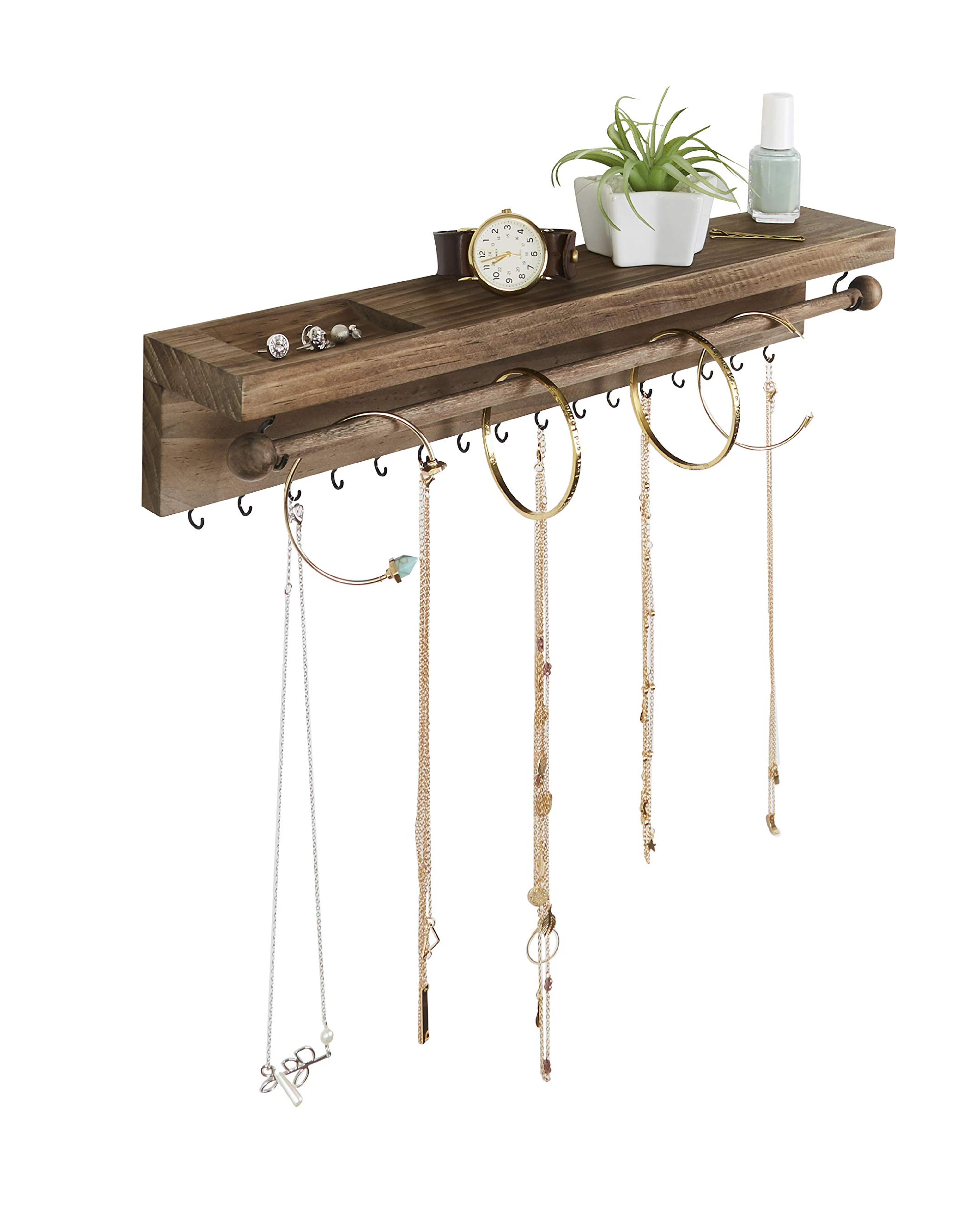 Amazon.com: Rustic Necklace Jewelry Organizer - Wall Mount Jewelry Holder - Mounted Hanging Jewelry Storage Hooks for Necklace, Earrings, and Rings - Farmhouse Wood Decor Bedroom Boho Shelf Rack : Home & Kitchen