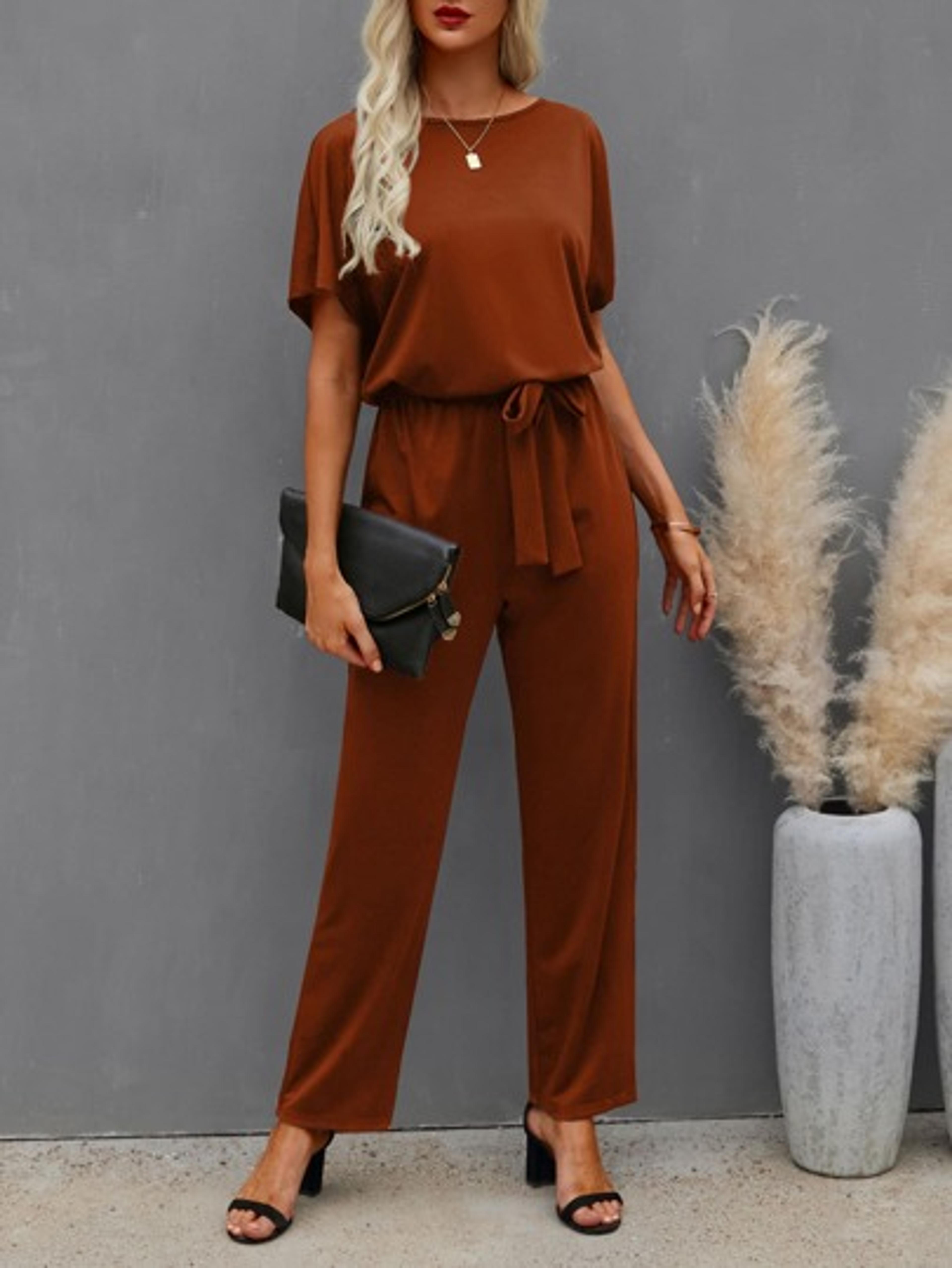 Solid Batwing Sleeve Belted Jumpsuit | SHEIN USA