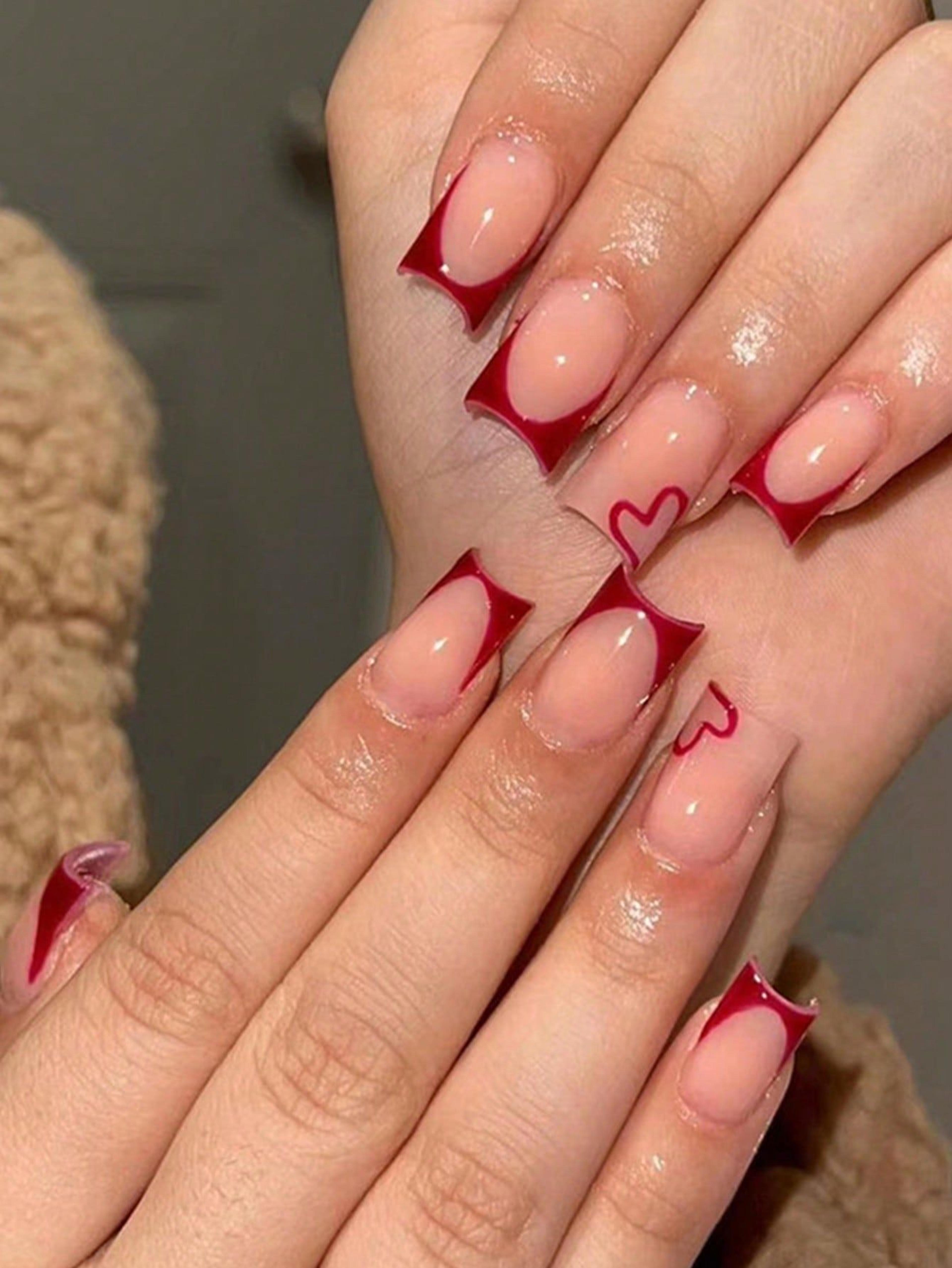 Get Glamorous with 24pcs Short Square Red French Heart Pattern Fake Nail & 1sheet Tape & 1pc Nail File