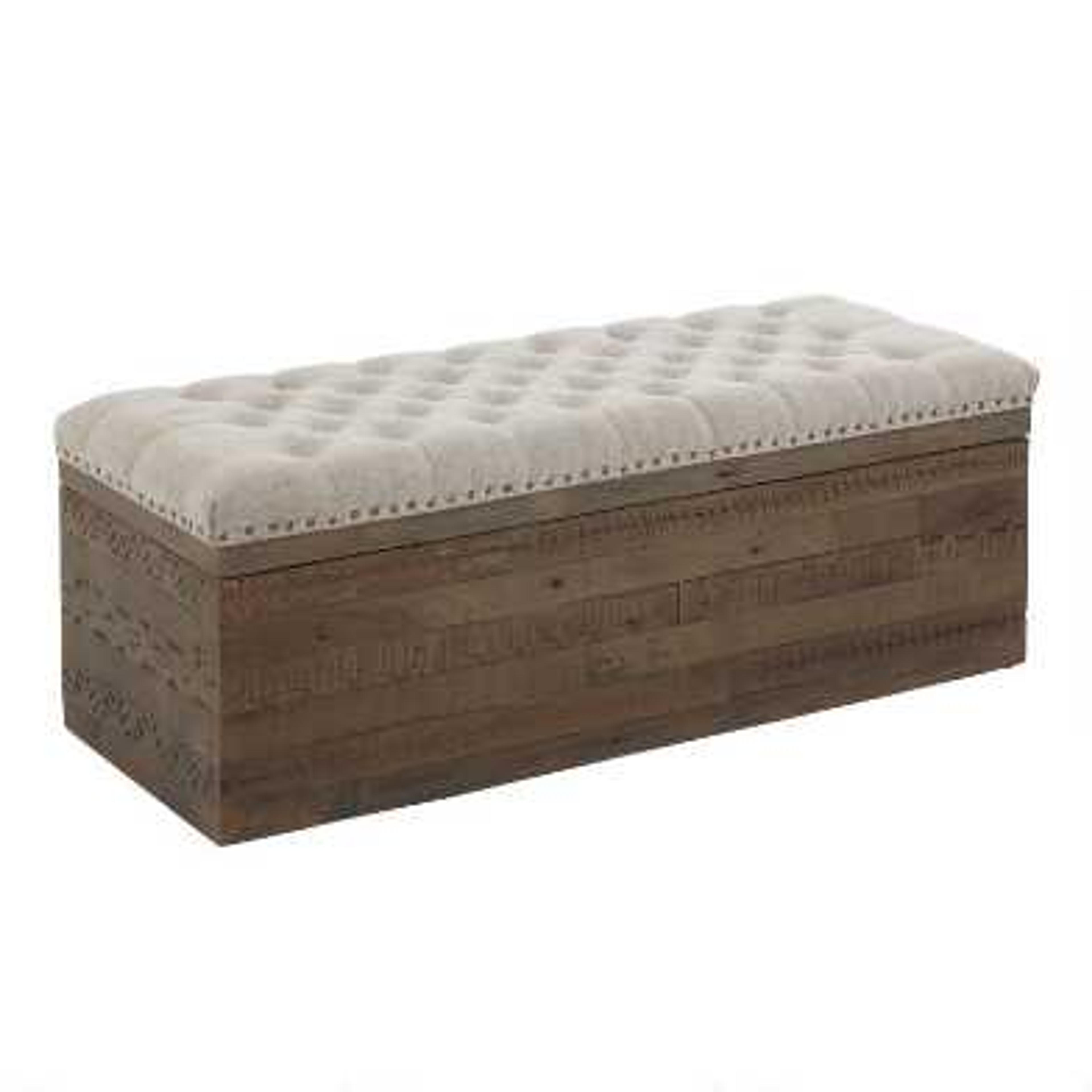 Gray Upholstered Carved Wood Serena Storage Ottoman | World Market