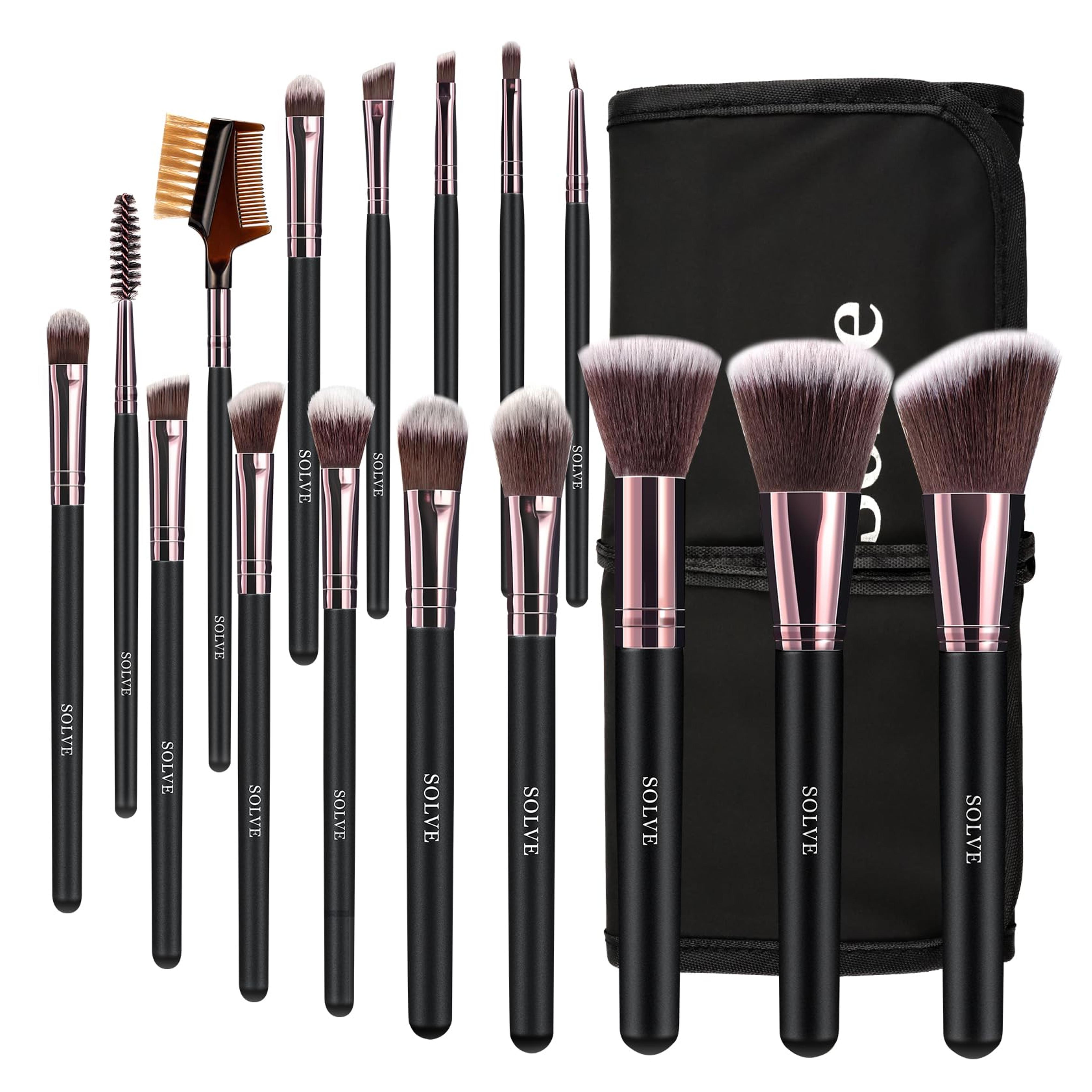 Solve Makeup Brushes, 16pcs Professional Makeup Brushes, Makeup Kit Kabuki Brush Foundation Brush Blending Face Make Up Brushes Set, With Leather Travel Makeup Bag, Rose Gold & Black Wooden Holder