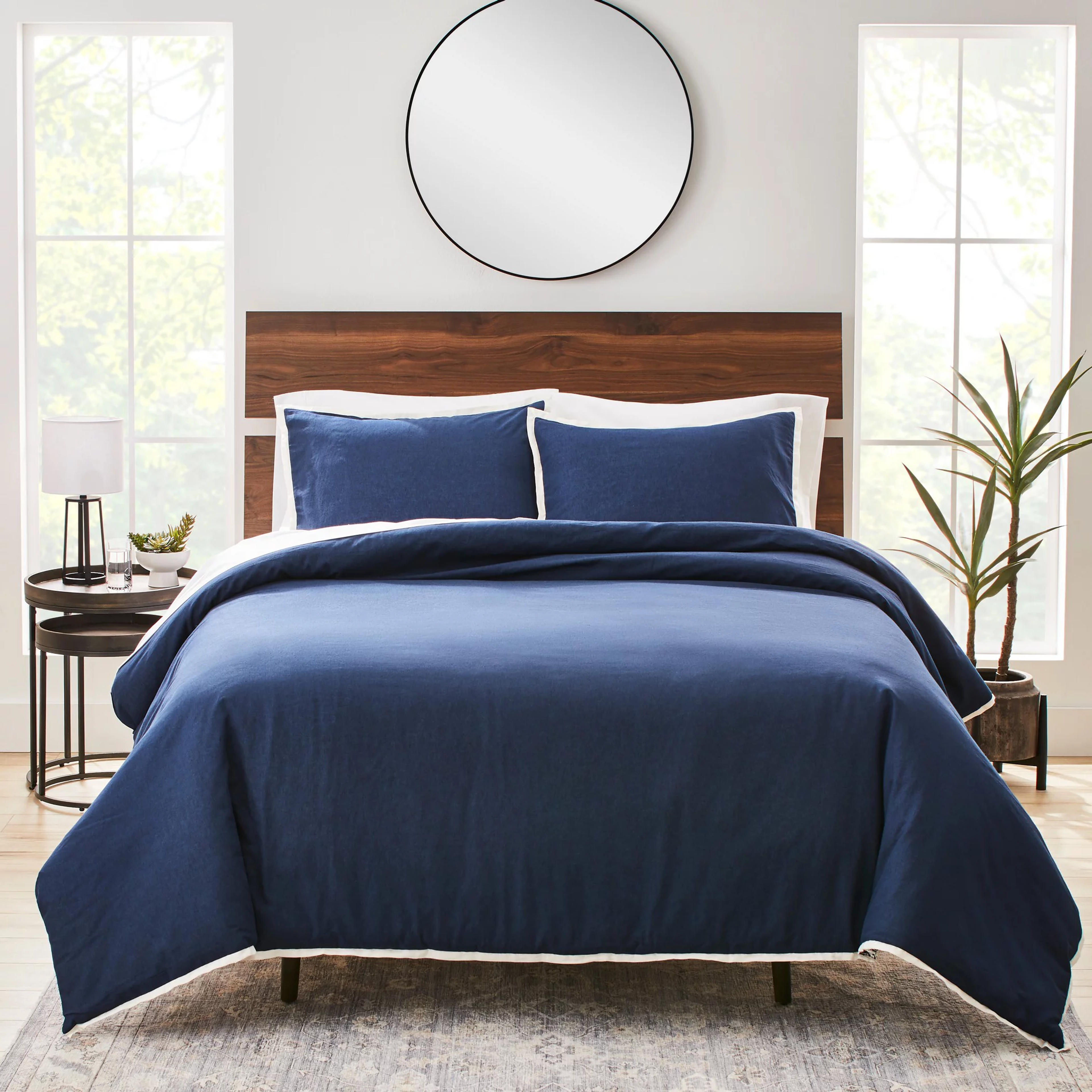 Better Homes & Gardens Solid Color Contrast Border Linen Flange Blue Cove King 3-Piece Duvet Cover Set