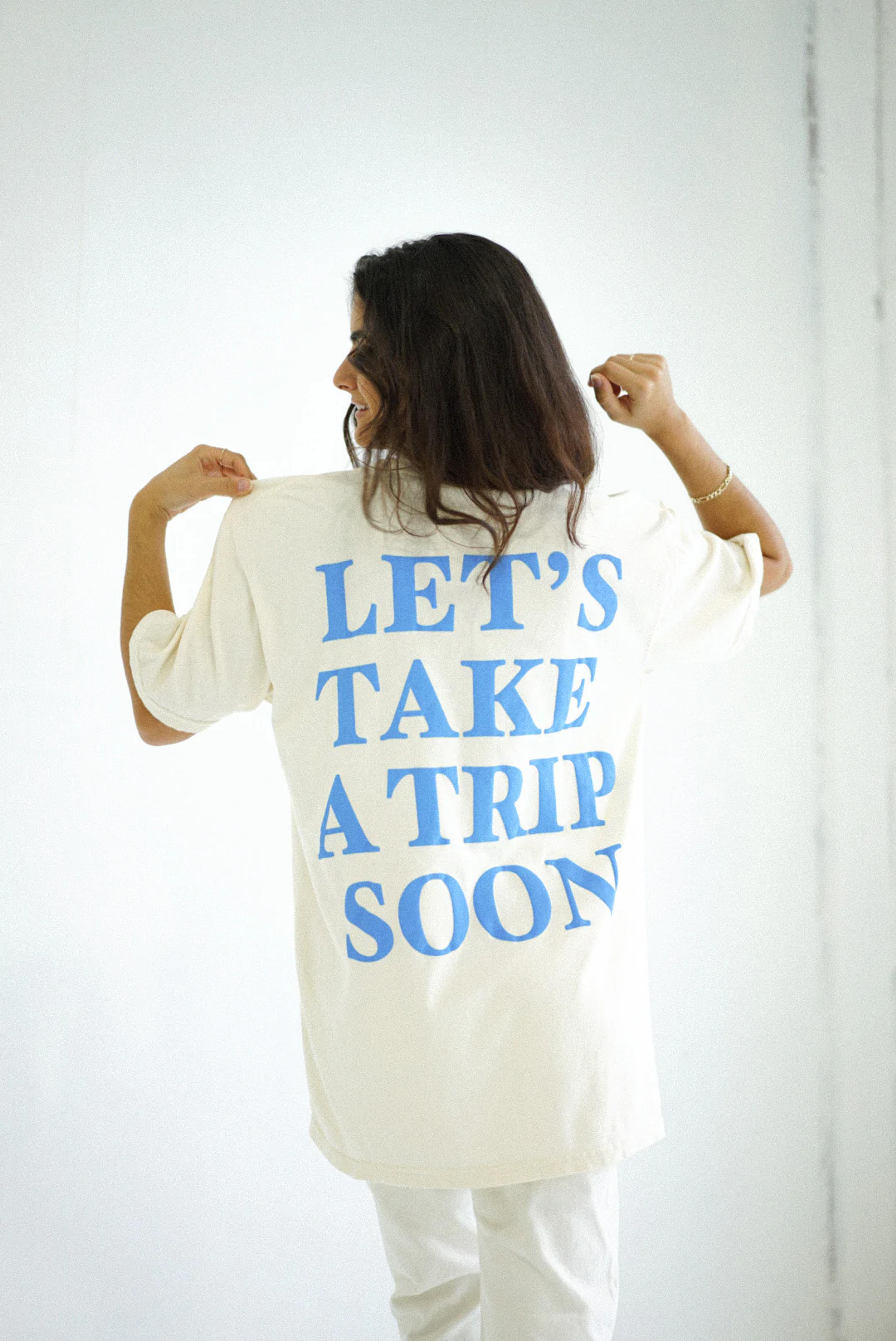 Let’s Take A Trip Soon Shirt — Cream/Light Blue – Yellow The Label