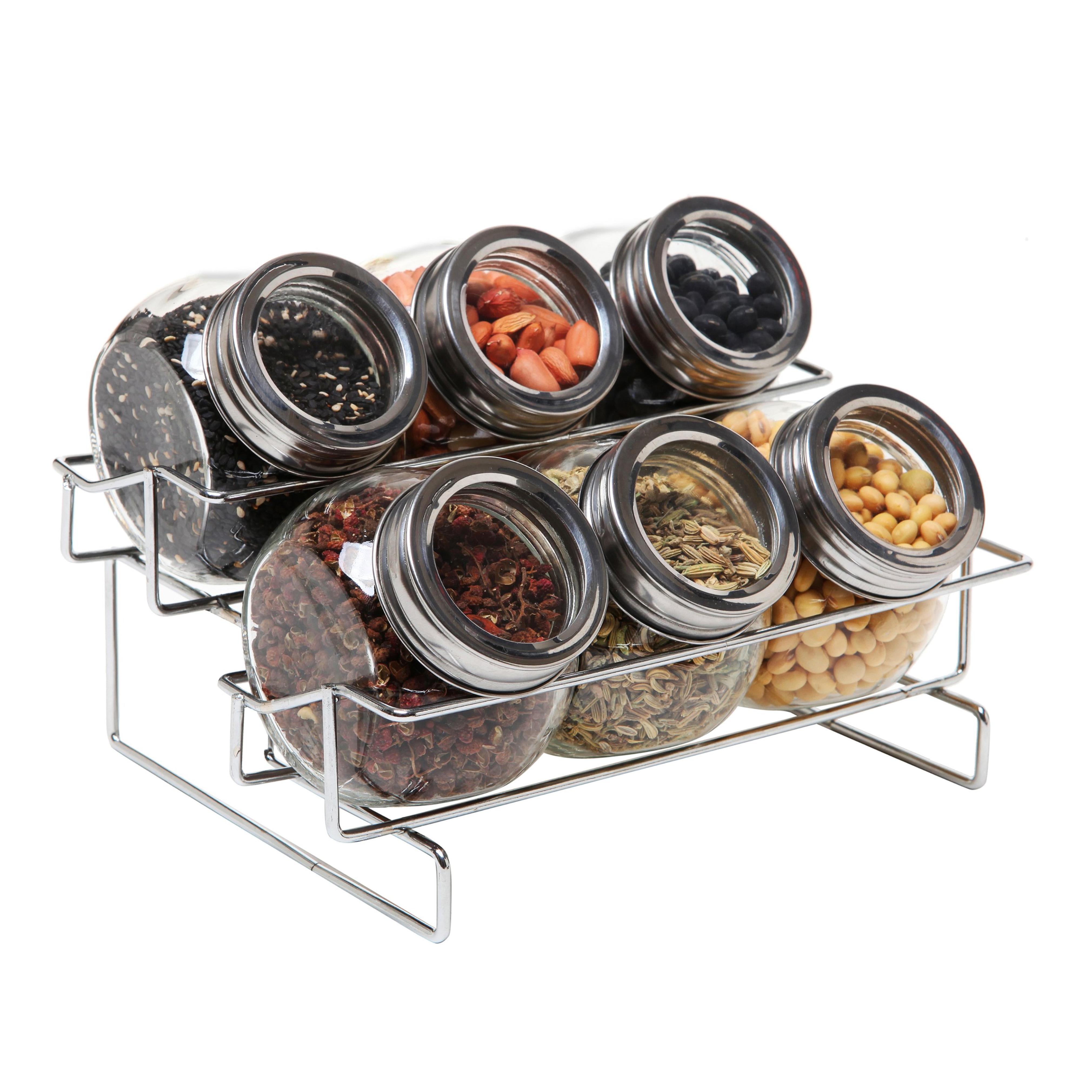 6 Jar Metal and Glass Food Spice Kitchen Storage Container Rack - MyGift