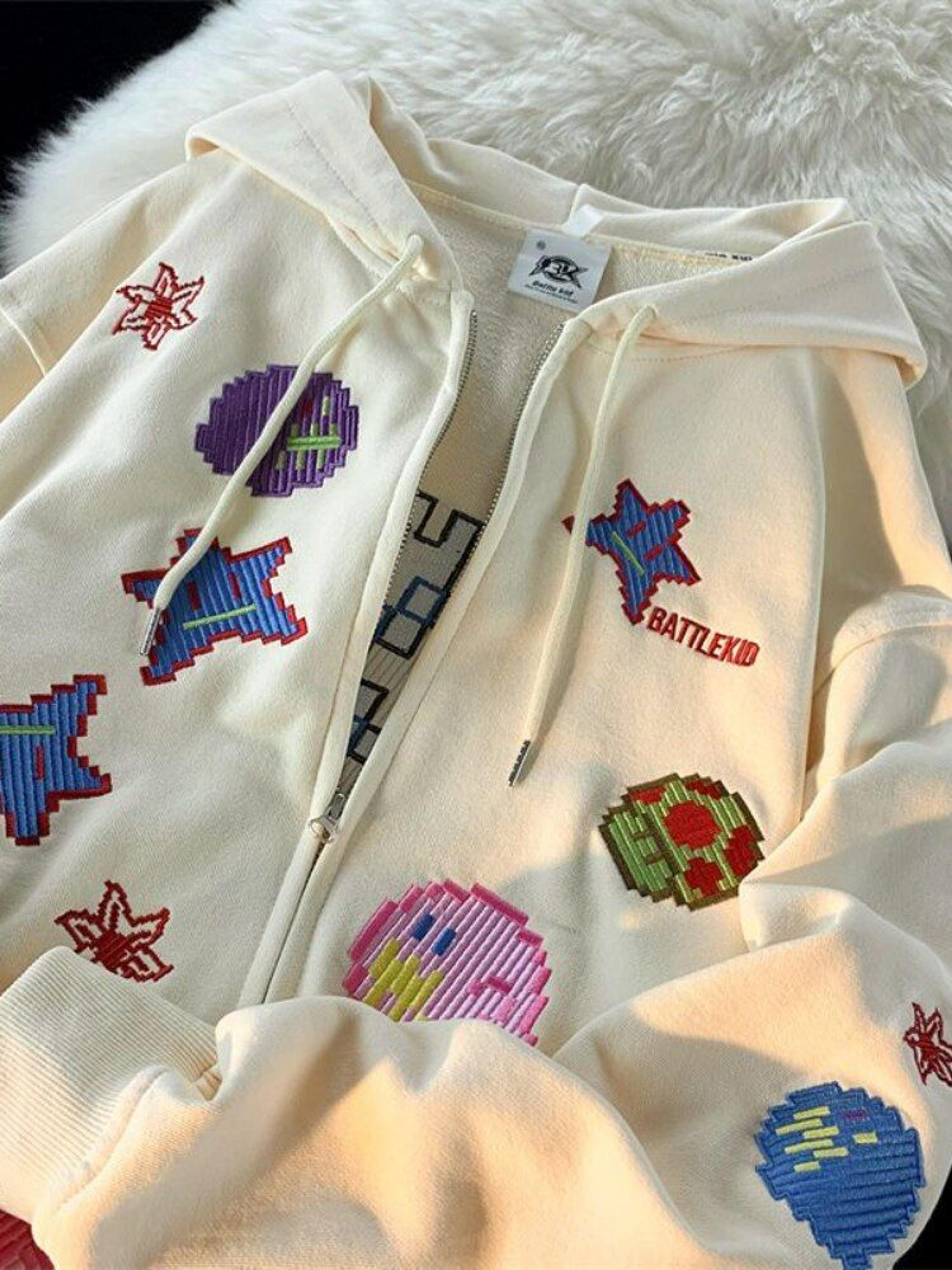 Yidouxian Cartoon Pixel Pattern Printing Thin Hoodies Women Zip Up Graphic Hooded Sweatshirts Harajuku Streetwear Kpop Punk Tops - Apricot Printed / L