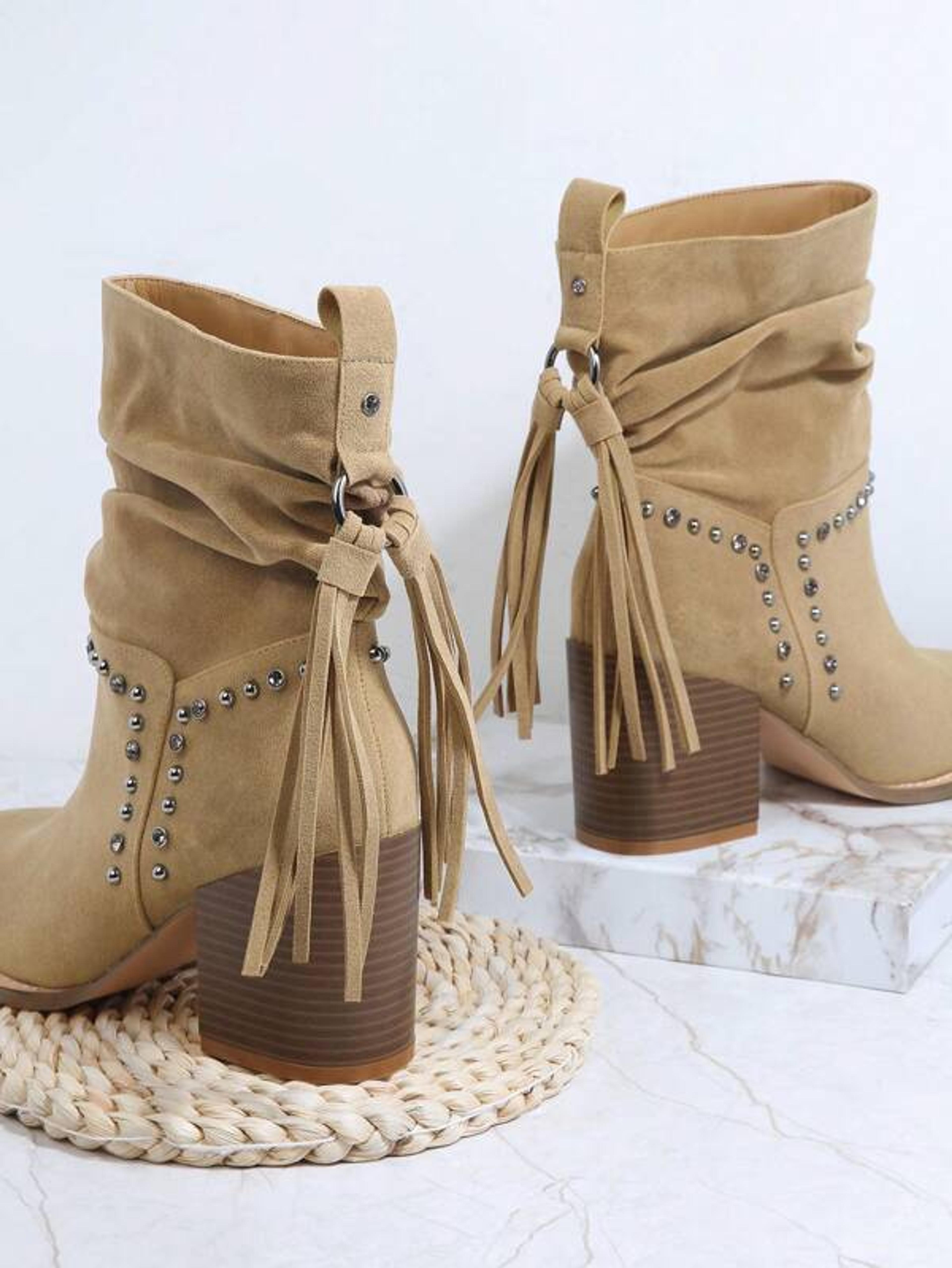 Studded Detail Fringe Trim Chunky Heeled Boots | SHEIN USA