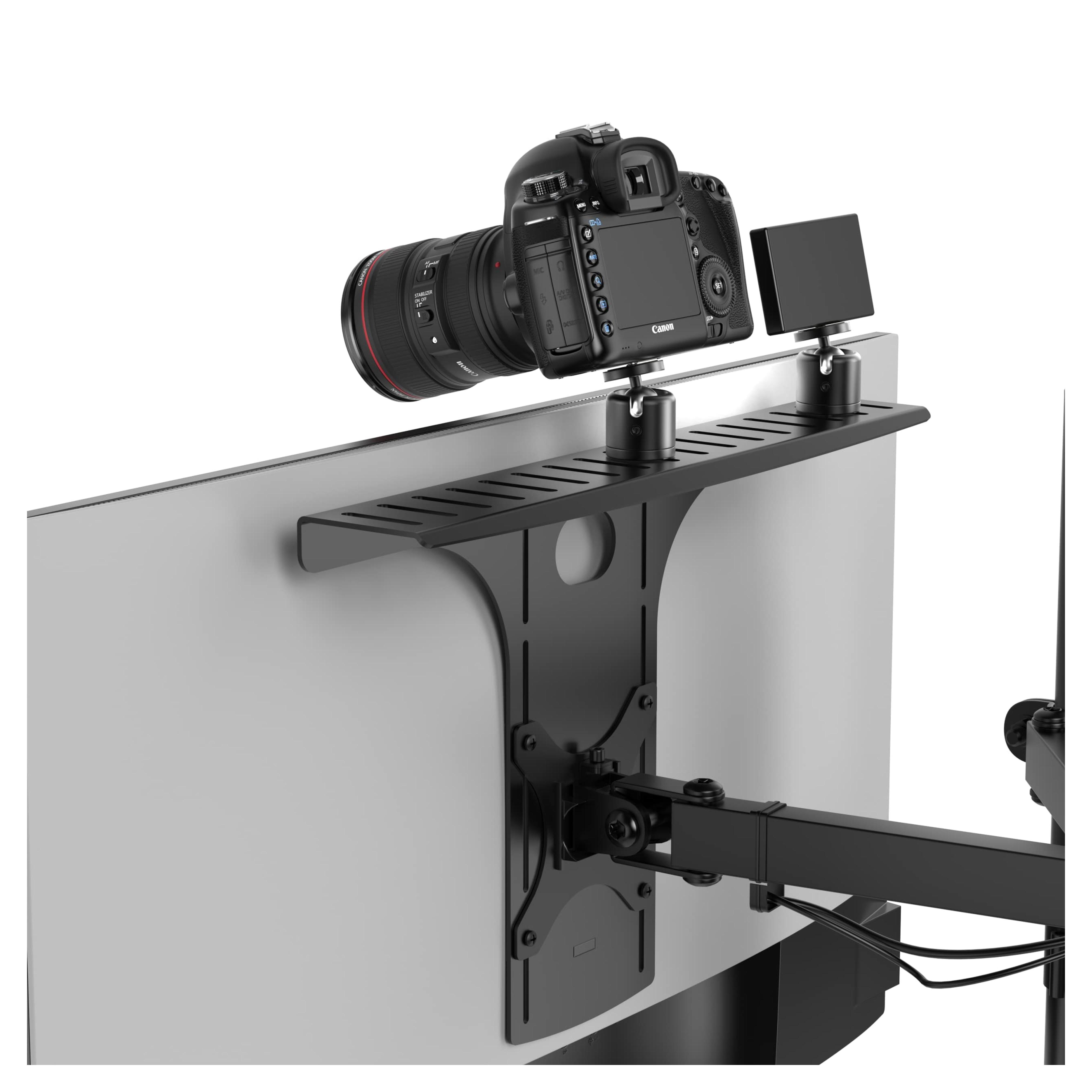 HumanCentric DSLR Monitor Mount – Monitor Shelf for Desk Camera Mount, Light Webcam and Microphone Camera Shelf for Monitor VESA Arm, Replace Clamp Tripods for Camera Desk Mount, Large