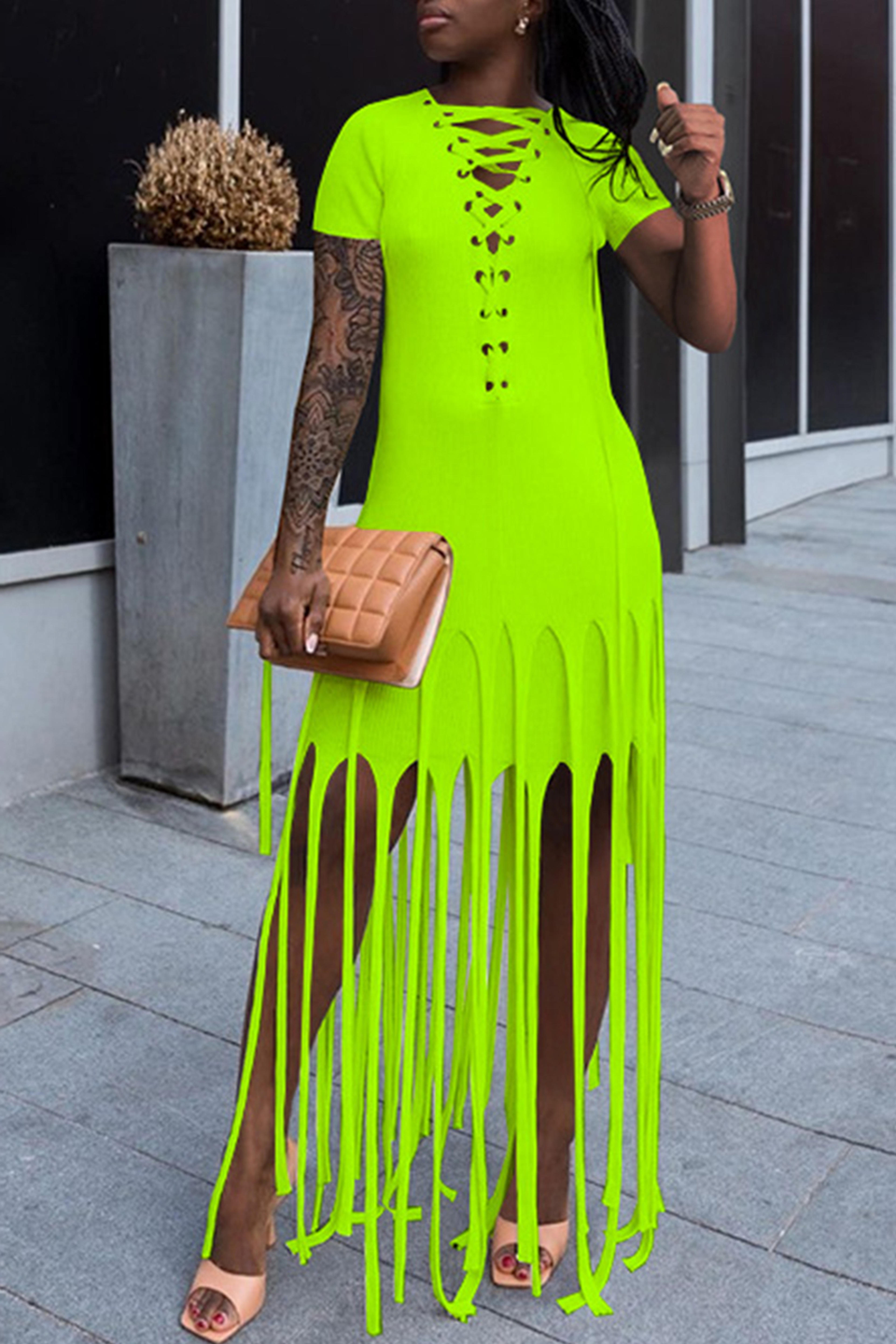 Fluorescent Green Fashion Sexy Solid Tassel O Neck Short Sleeve Dress_Maxi Dresses_KnowFashionStyle | Wholesale Shoes,Wholesale Clothing, Cheap Clothes,Cheap Shoes Online. - KnowFashionStyle.com