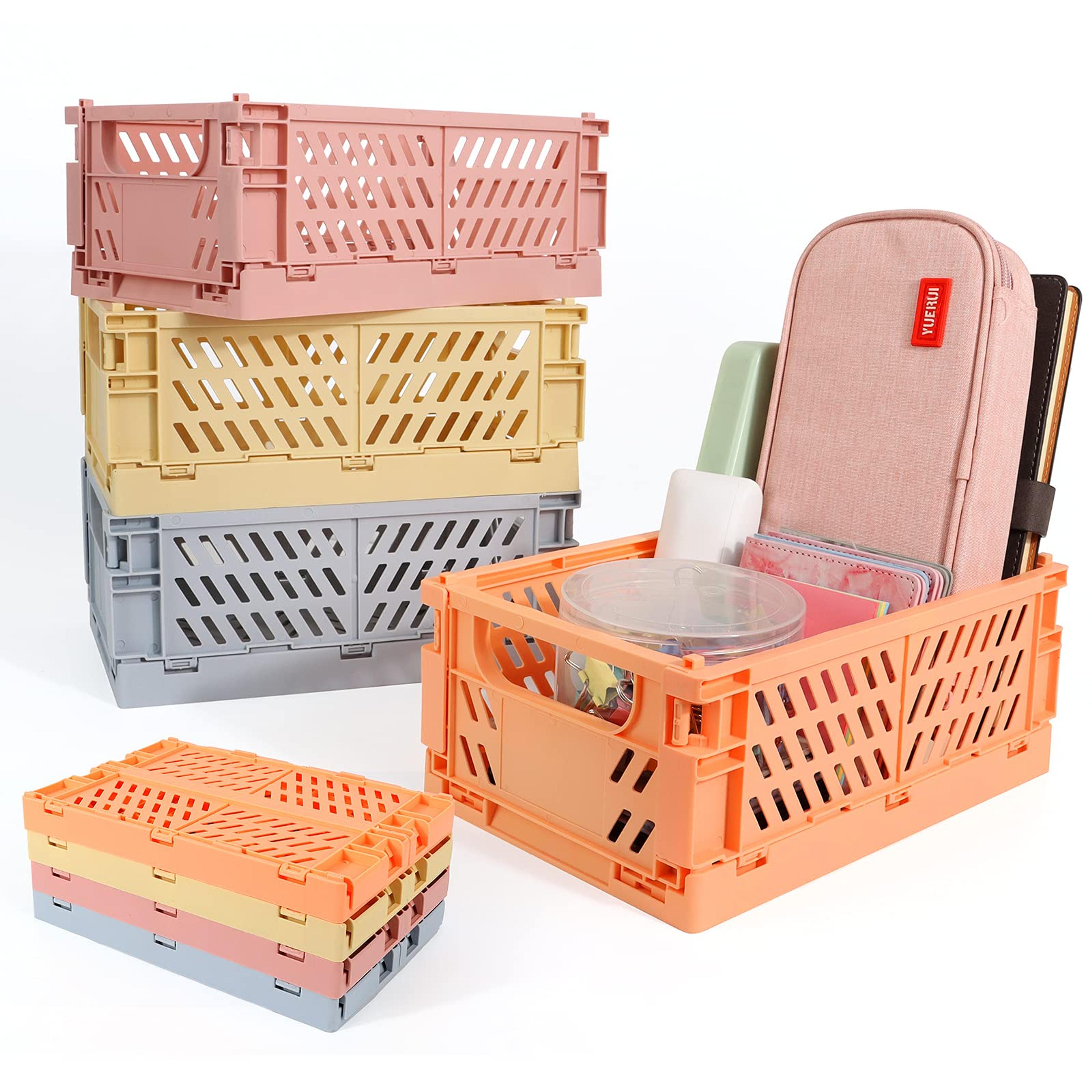 GLCSC 4-Pack Storage Baskets Plastic for Shelf Home Kitchen Storage Bin Organizer, Stacking Folding Storage Baskets for Classroom Bedroom Bathroom Office