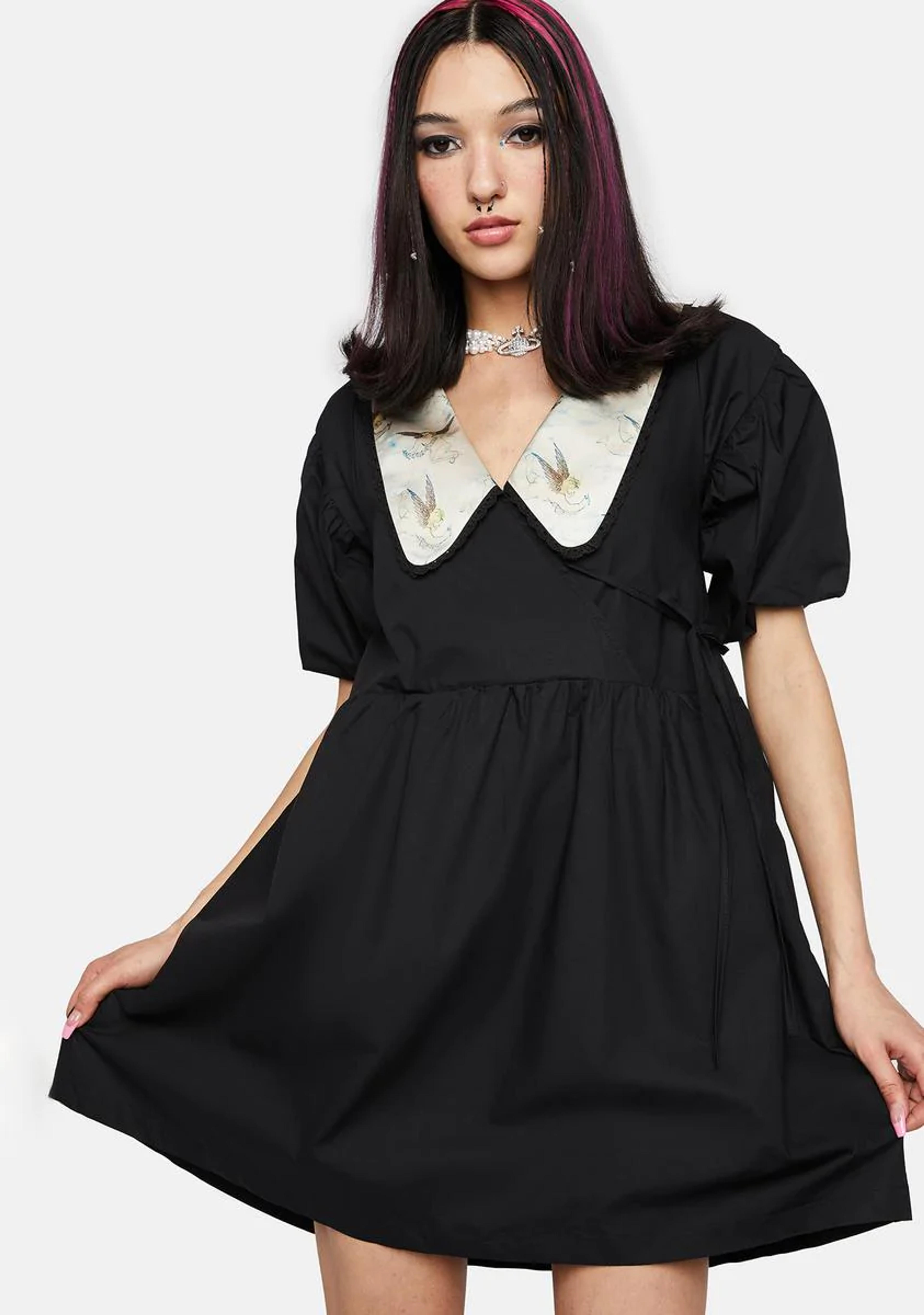 ZEMETA Babydoll Collar Puff Sleeve Adjustable Self Tie Cut Out Mini Dress - Black – Dolls Kill