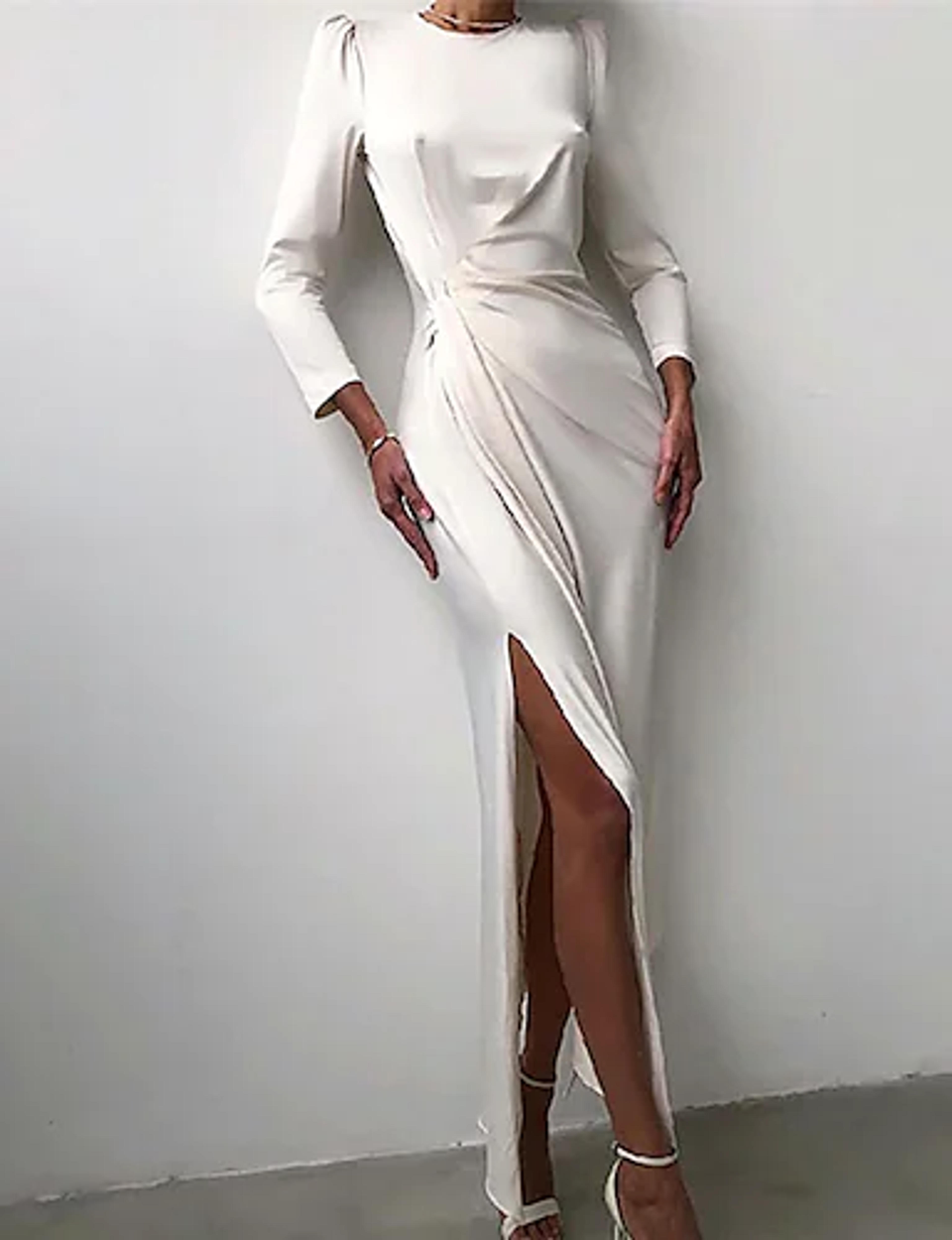 Women's Sheath Dress Maxi long Dress White Black Blue Pink Khaki Long Sleeve Pure Color Split Ruched Fall Winter Stand Collar Elegant Fashion Loose 2022 S M L XL XXL 3XL 9205869 2022 – $30.99