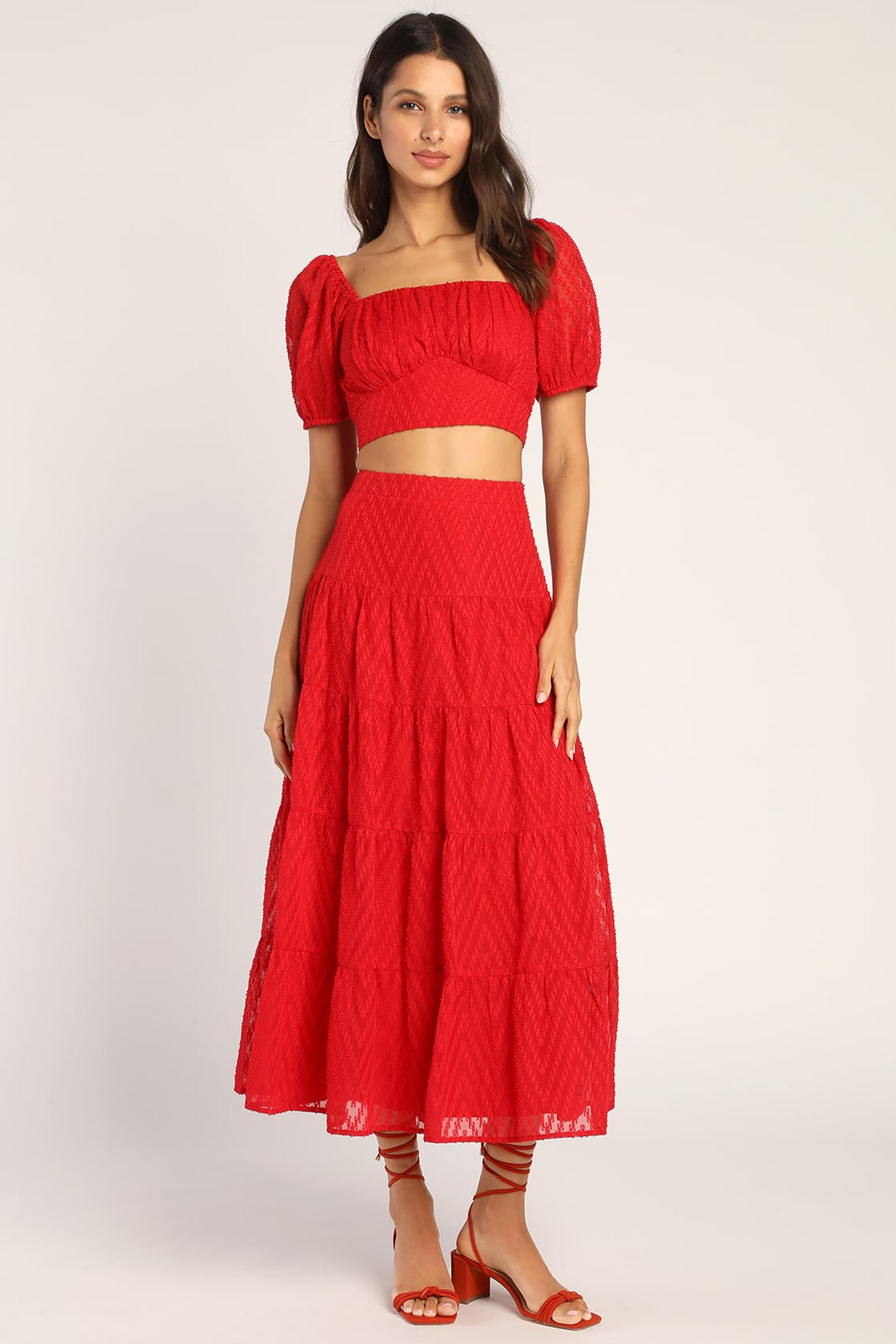 Red Midi Skirt - Jacquard Midi Skirt - Tiered Skirt - Lulus