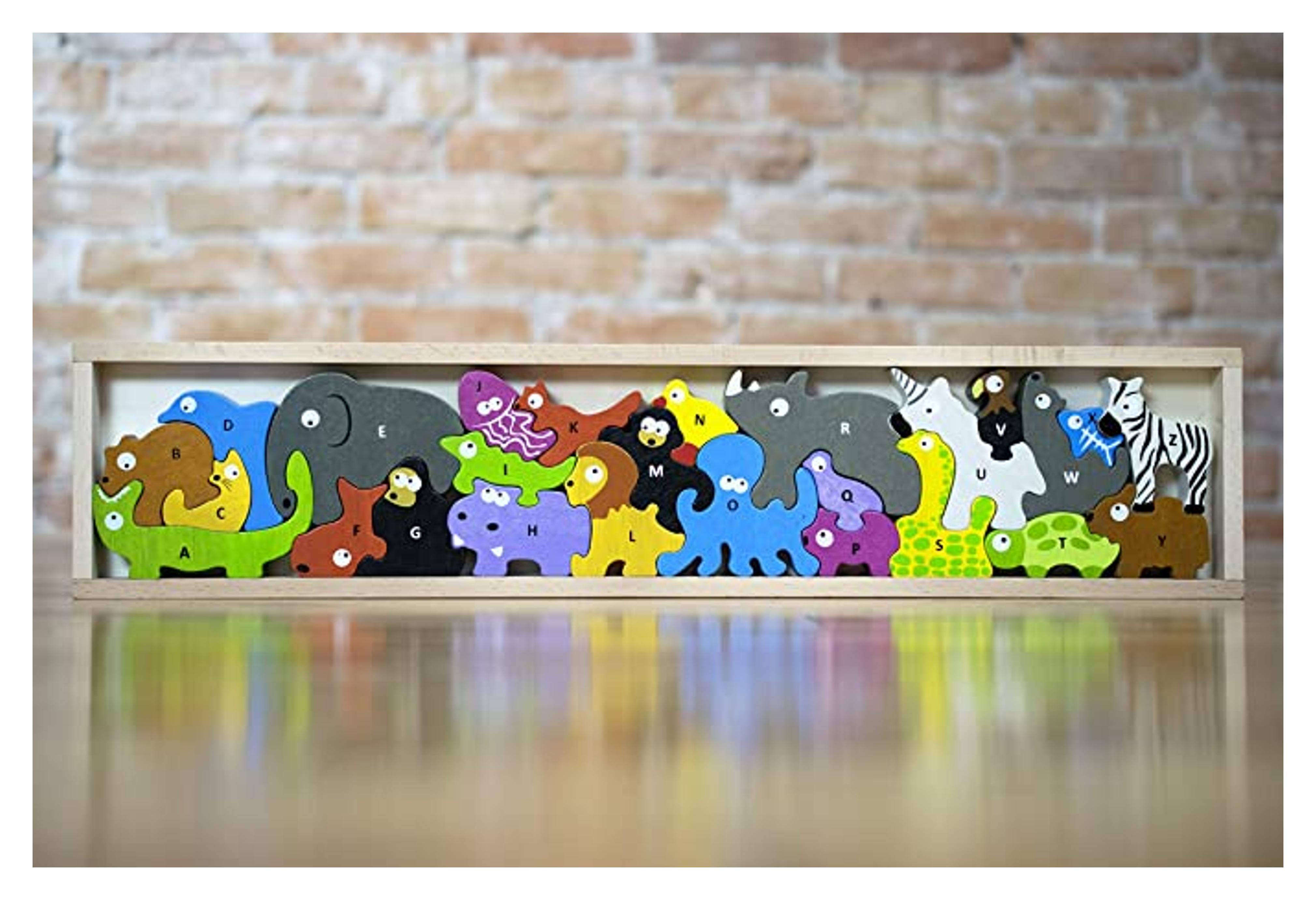 Amazon.com: BeginAgain Animal Parade A to Z Puzzle and Playset - Educational Wooden Alphabet Puzzle - 2 and Up : Toys & Games