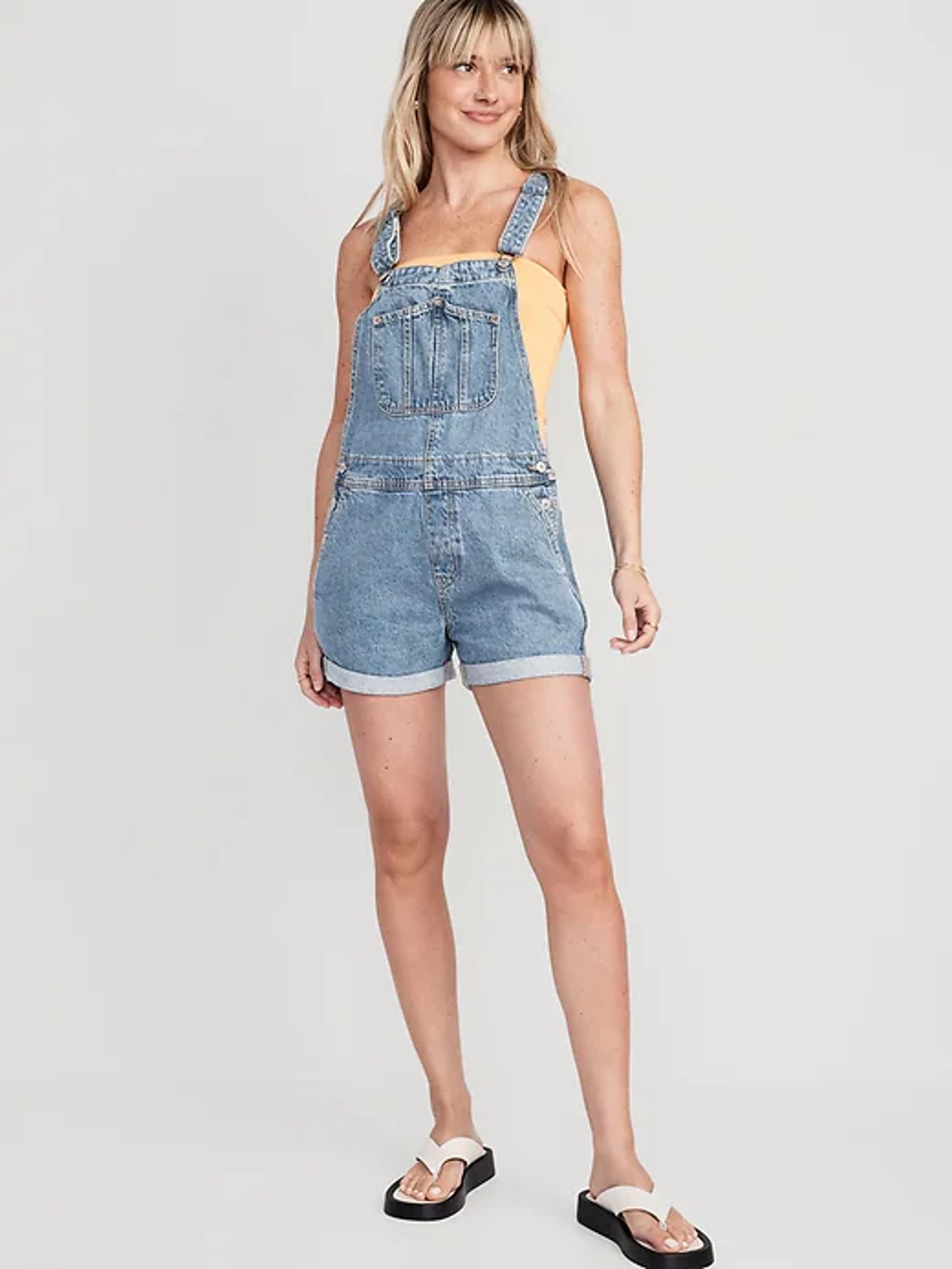 Slouchy Straight Non-Stretch Jean Short Overalls for Women -- 3.5-inch inseam | Old Navy