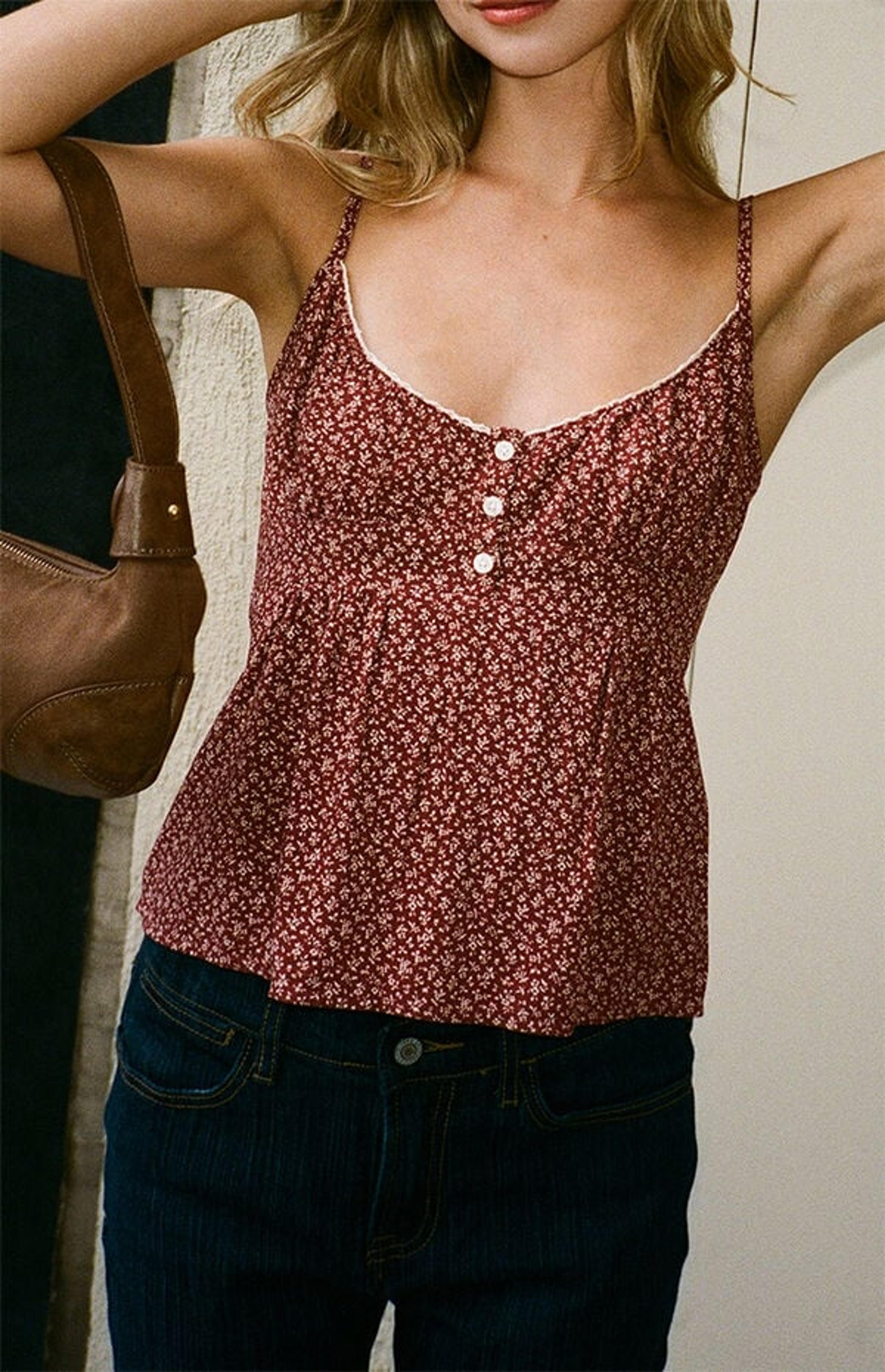 John Galt Red Floral Woven Tank Top