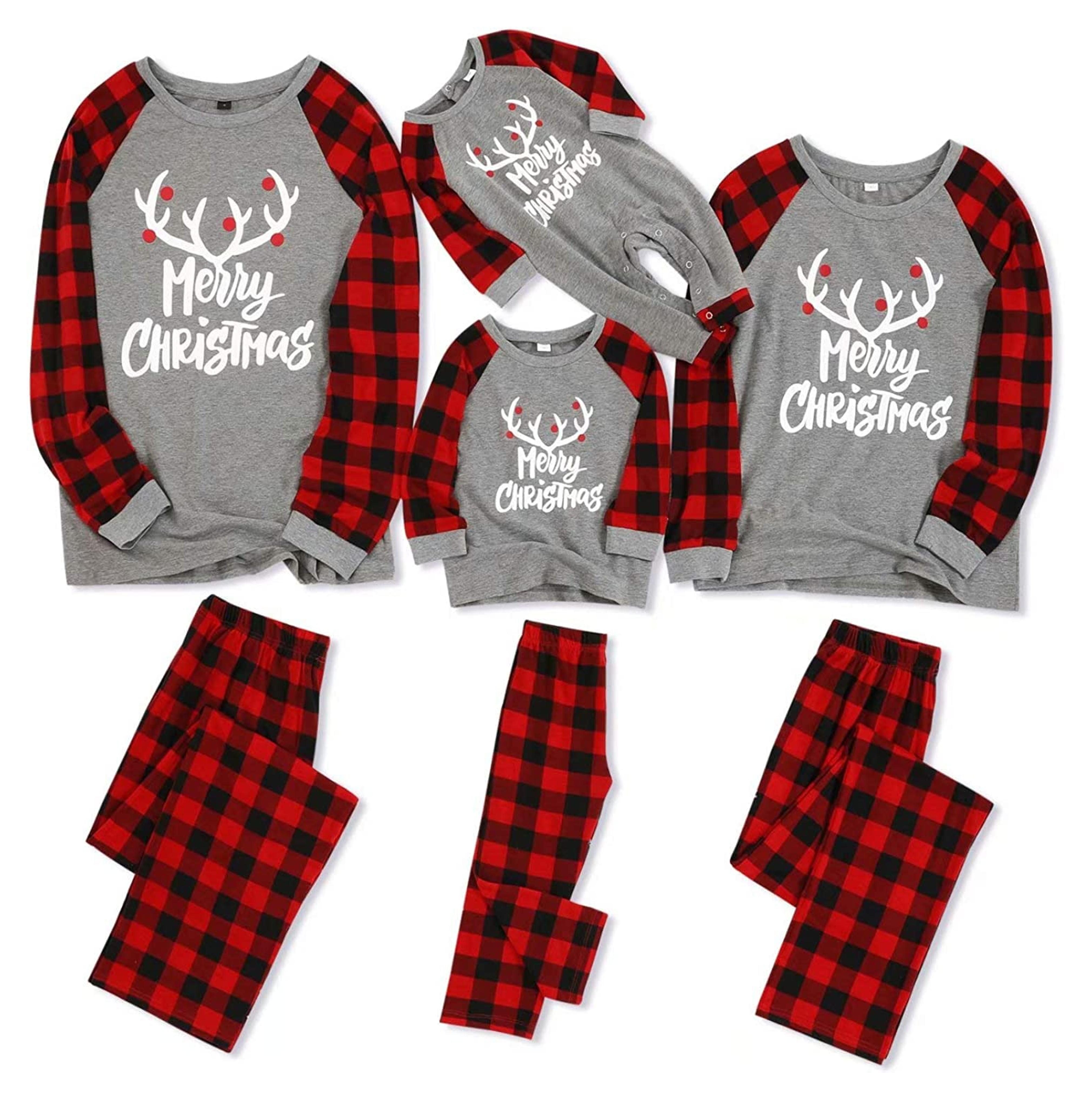 IFFEI Matching Family Pajamas Sets Christmas PJ's with Letter and Plaid Printed Long Sleeve Tee and Bottom Loungewear