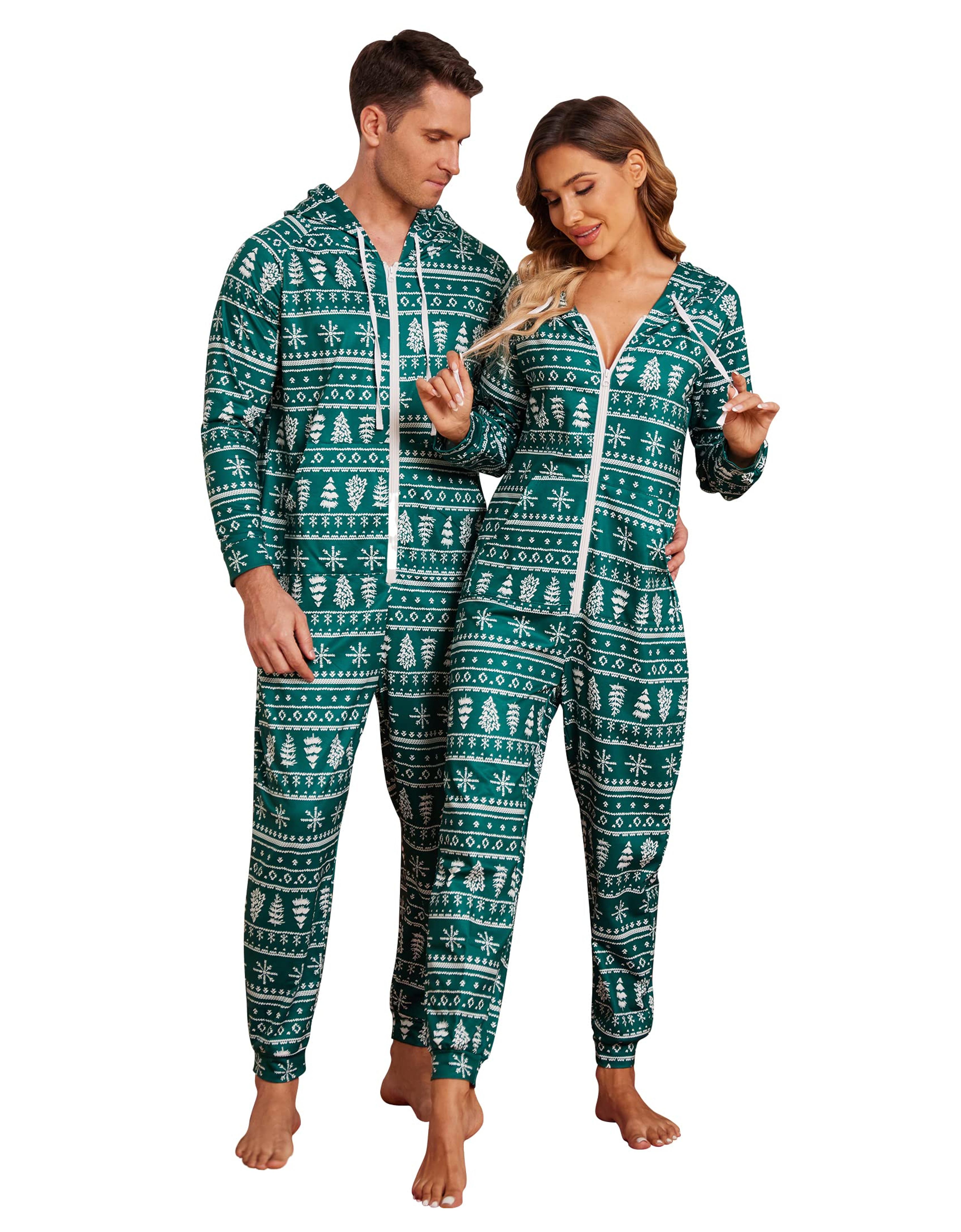 Ekouaer Christmas Family Matching Pajamas Hooded Zipper Onesies Long Sleeve Couple One Piece Sleepwear with Pockets S-XXL