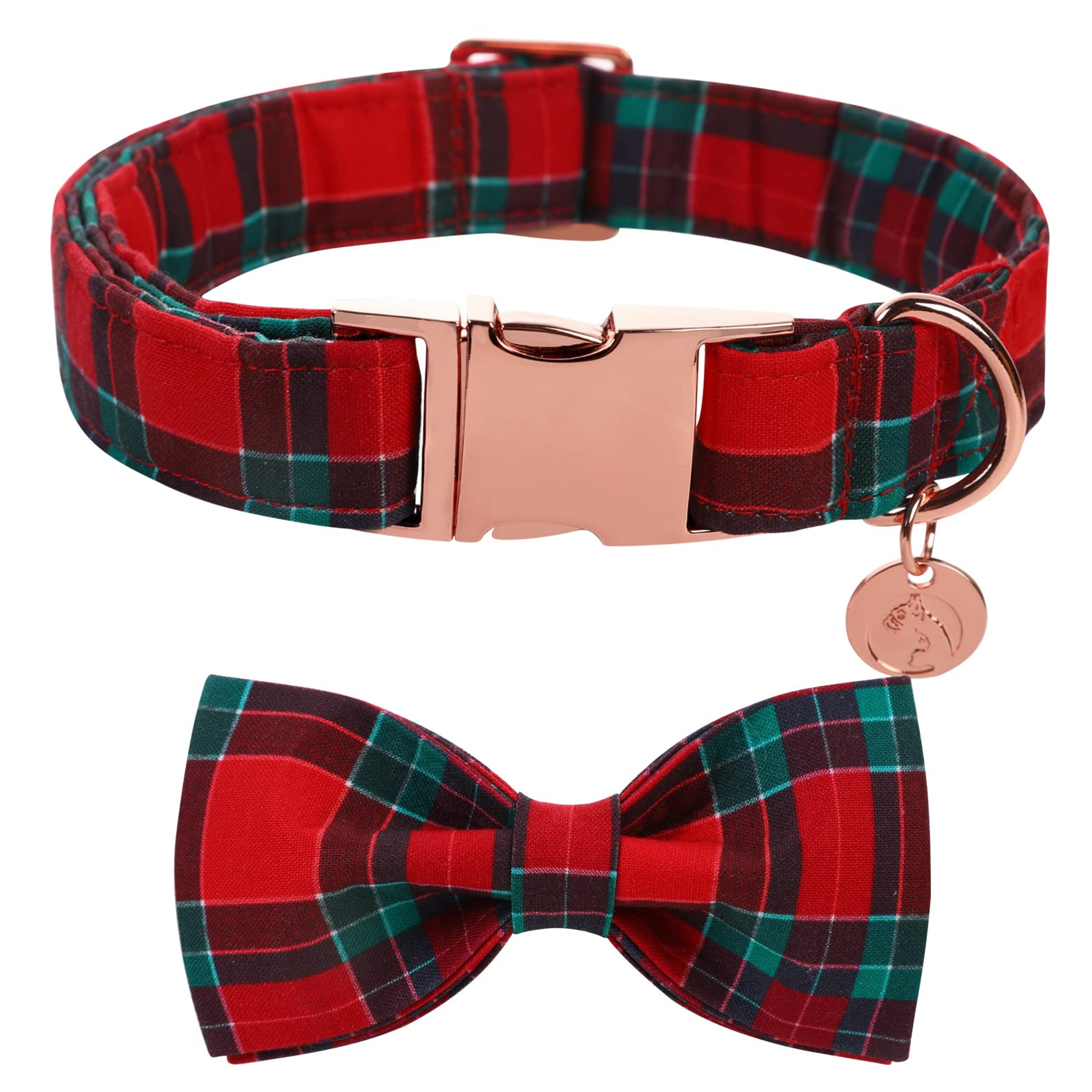 DOGWONG Christmas Dog Collar with Bow tie, Red Plaid Dog Collar Soft Durable Adjustable Cotton Red Green Tartan Puppy Collar for Small Medium Large Dog