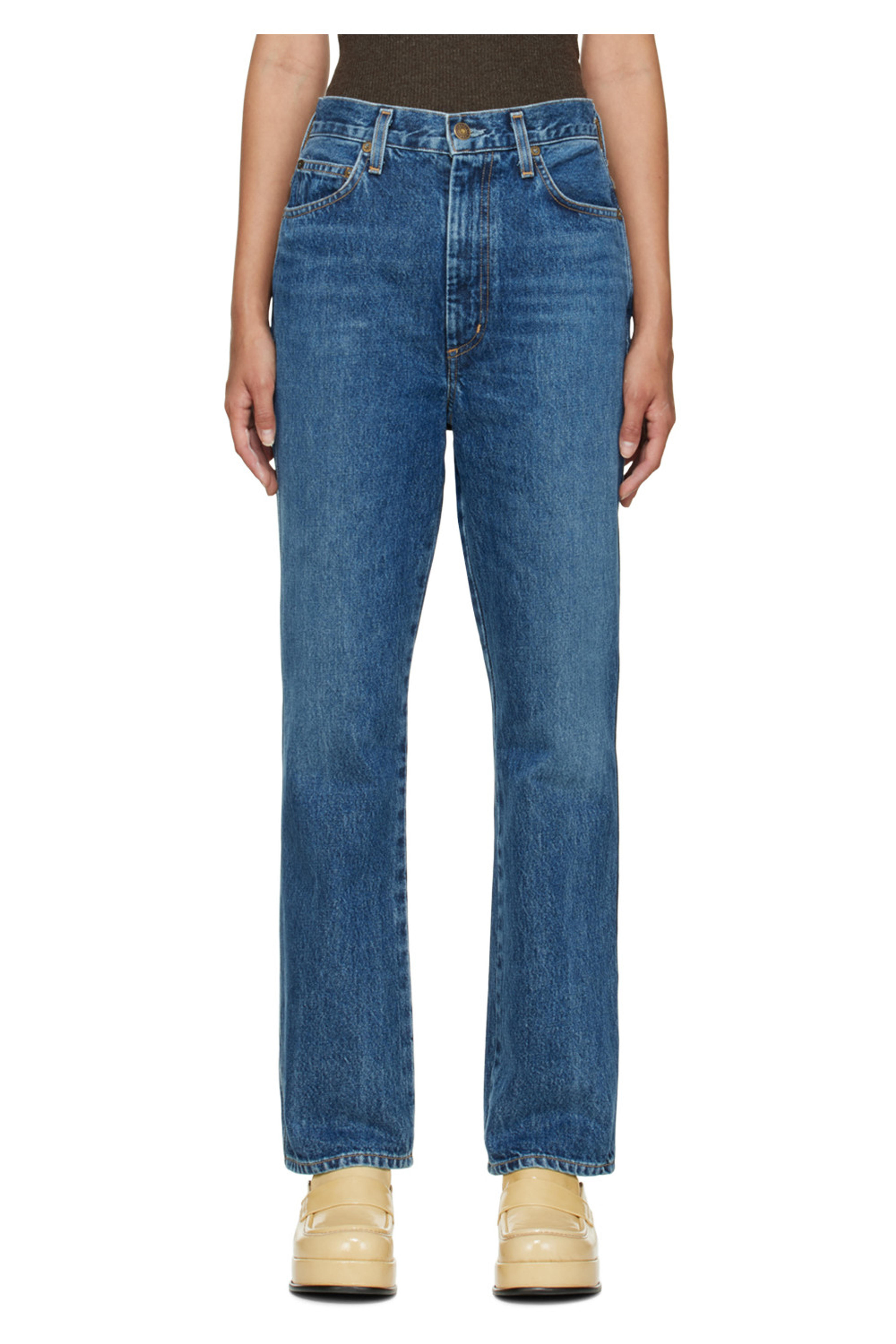 AGOLDE: Blue Pinch Waist Kick Flare Jeans | SSENSE