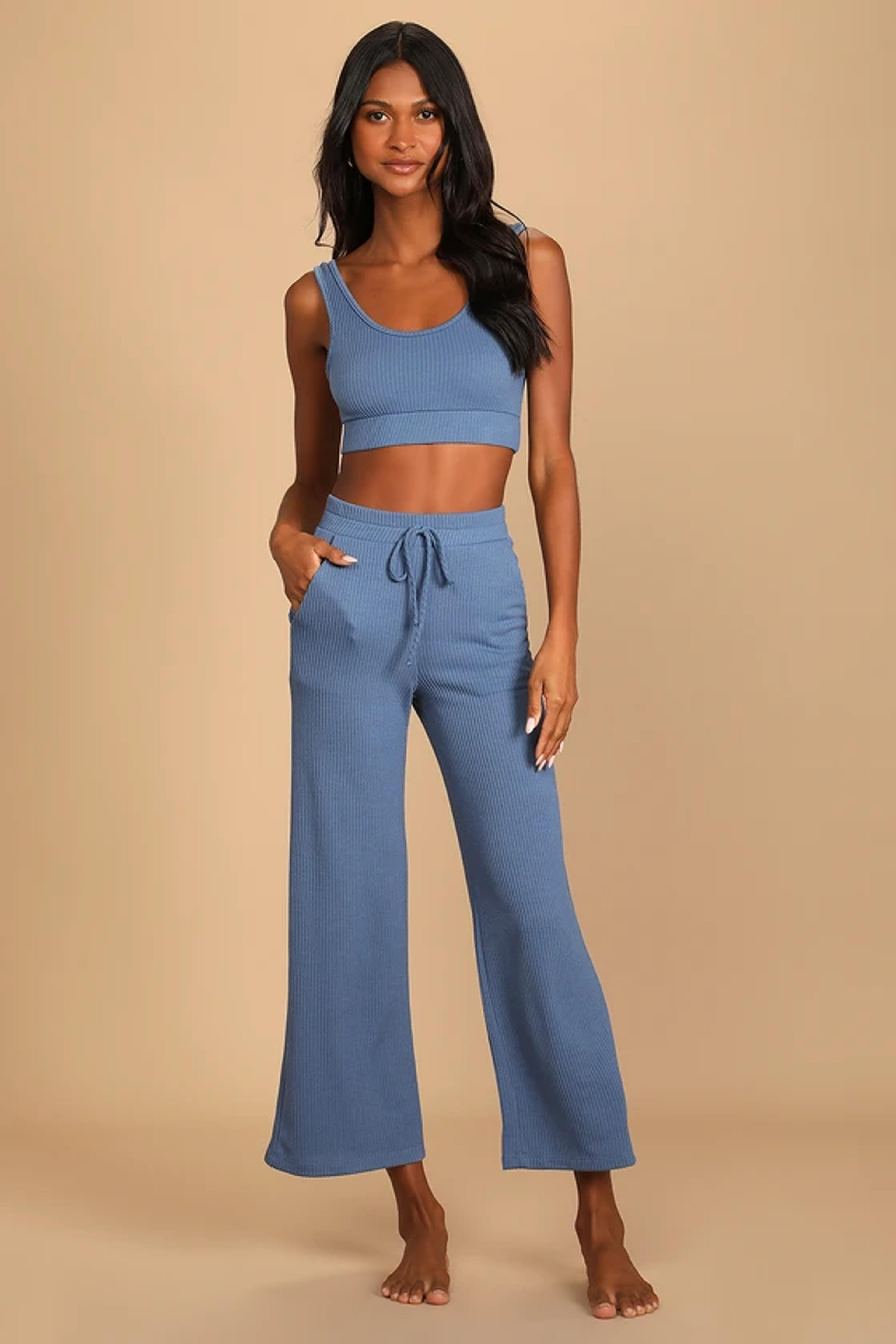 Sweet Slumber Denim Blue Ribbed Two-Piece Pajama Set