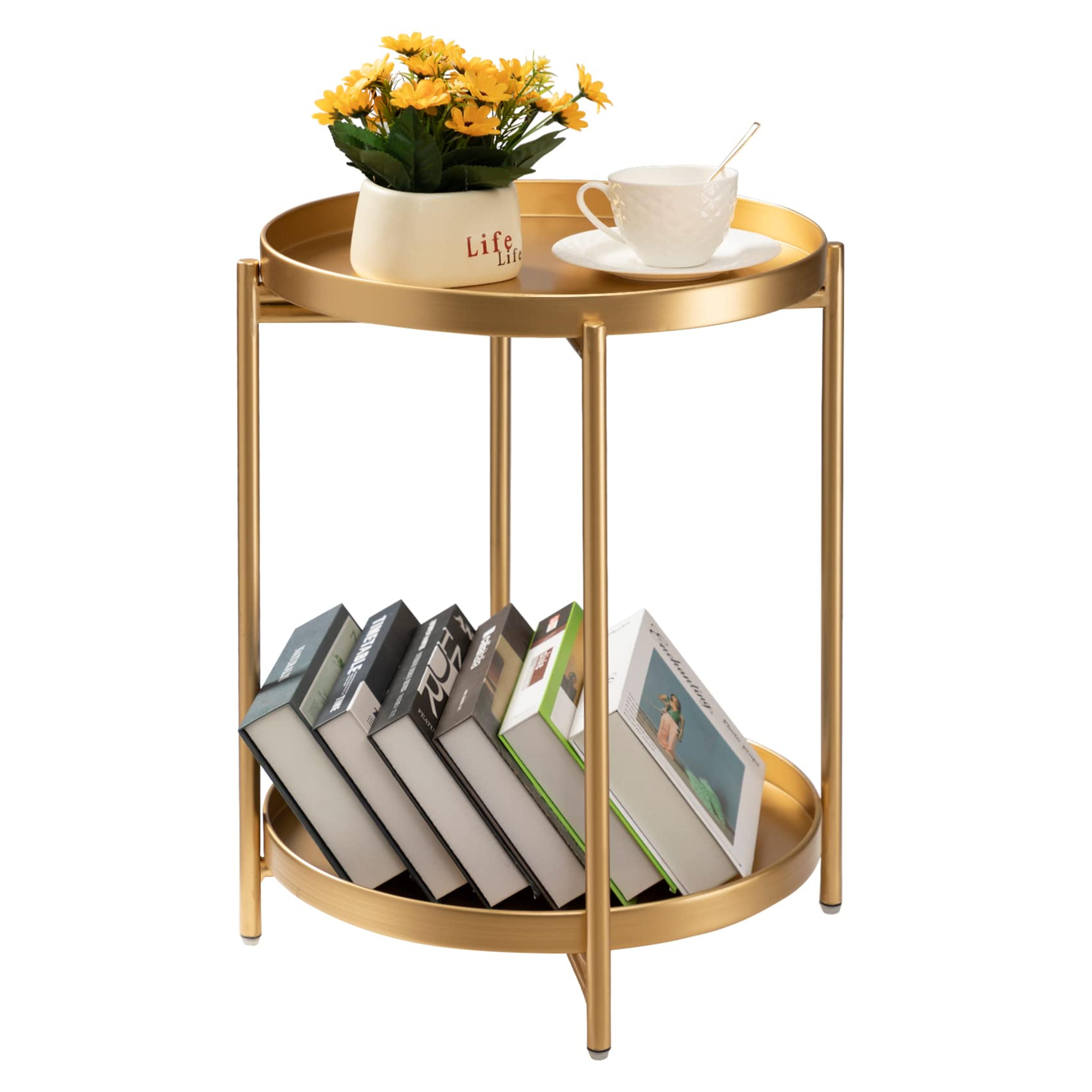 TeoKJ 2 Tier Gold Side Table, Folding Round Metal End Table Small Nightstand Accent Table with Two Removable Tray for Bedroom Living Room Small Spaces Bedside Gold