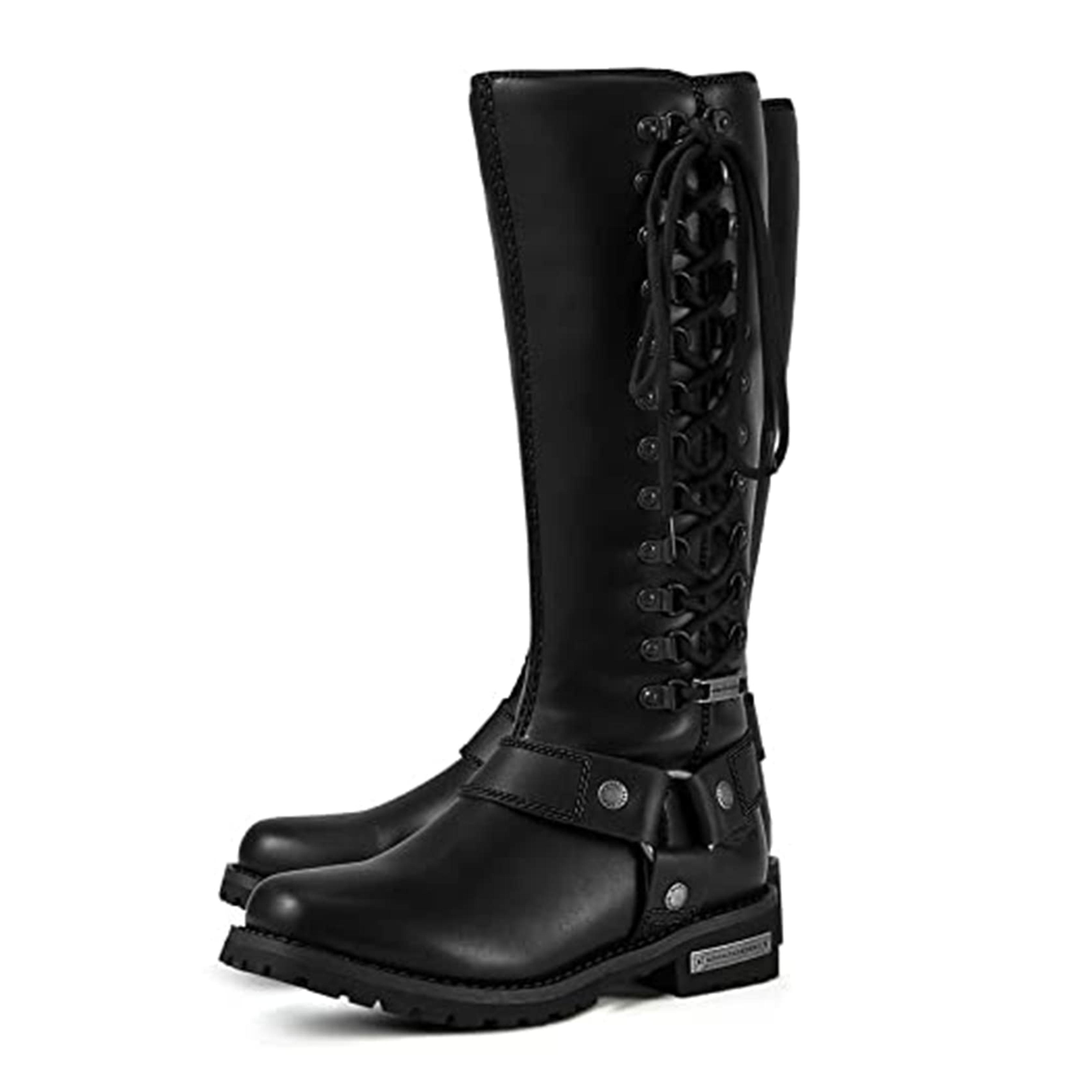 Dream Apparel Women's Harness Motorcycle Boots for Riding, Square Toe Biker Boots, Lace Up Knee High Boots with Full Length Side Zipper, Black PU Leather Mid Calf Boots for Ladies, 11