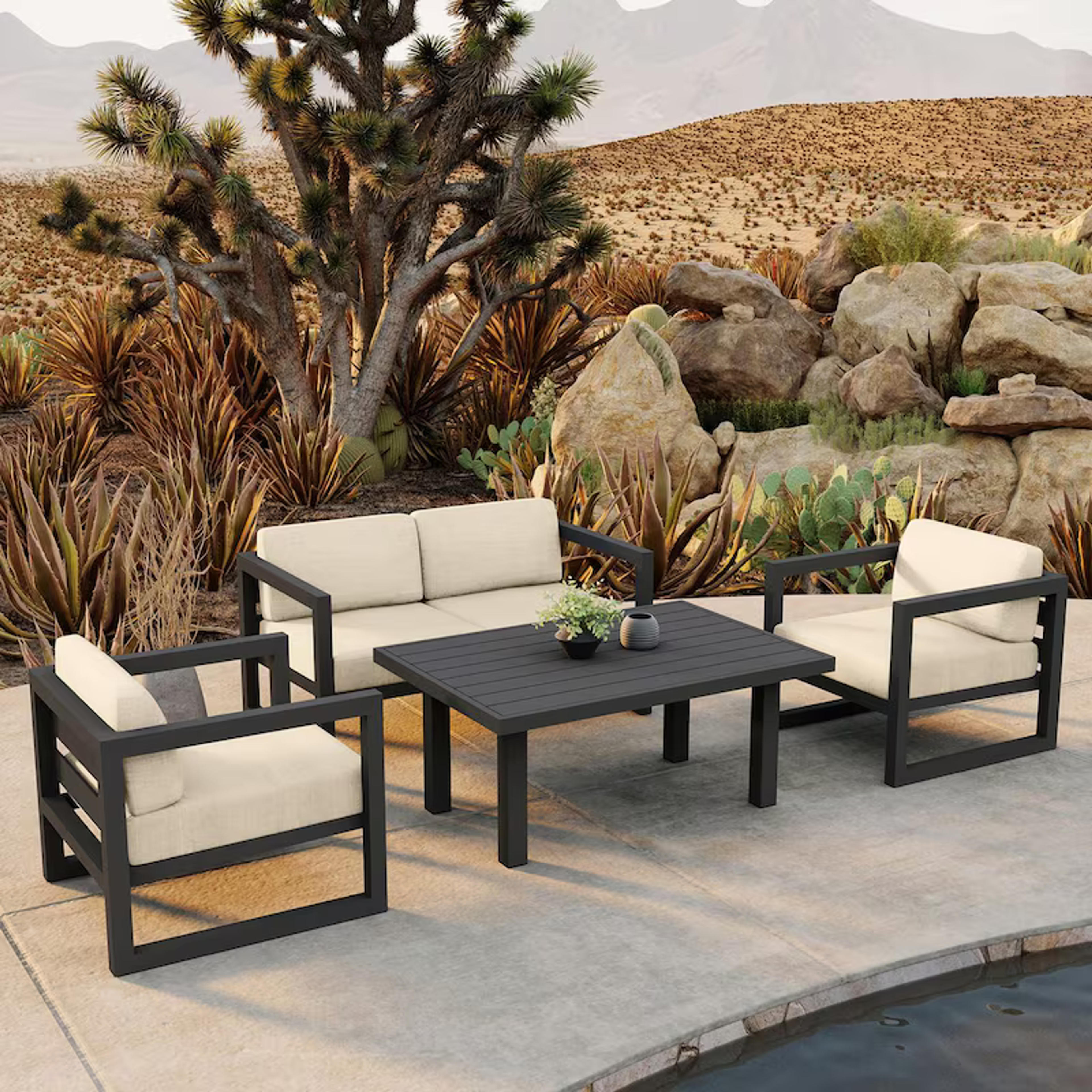 Misty Cove 4 Pc Aluminum Loveseat Set in Slate W/ Canvas Flax Cushions By Lakeview : BBQGuys