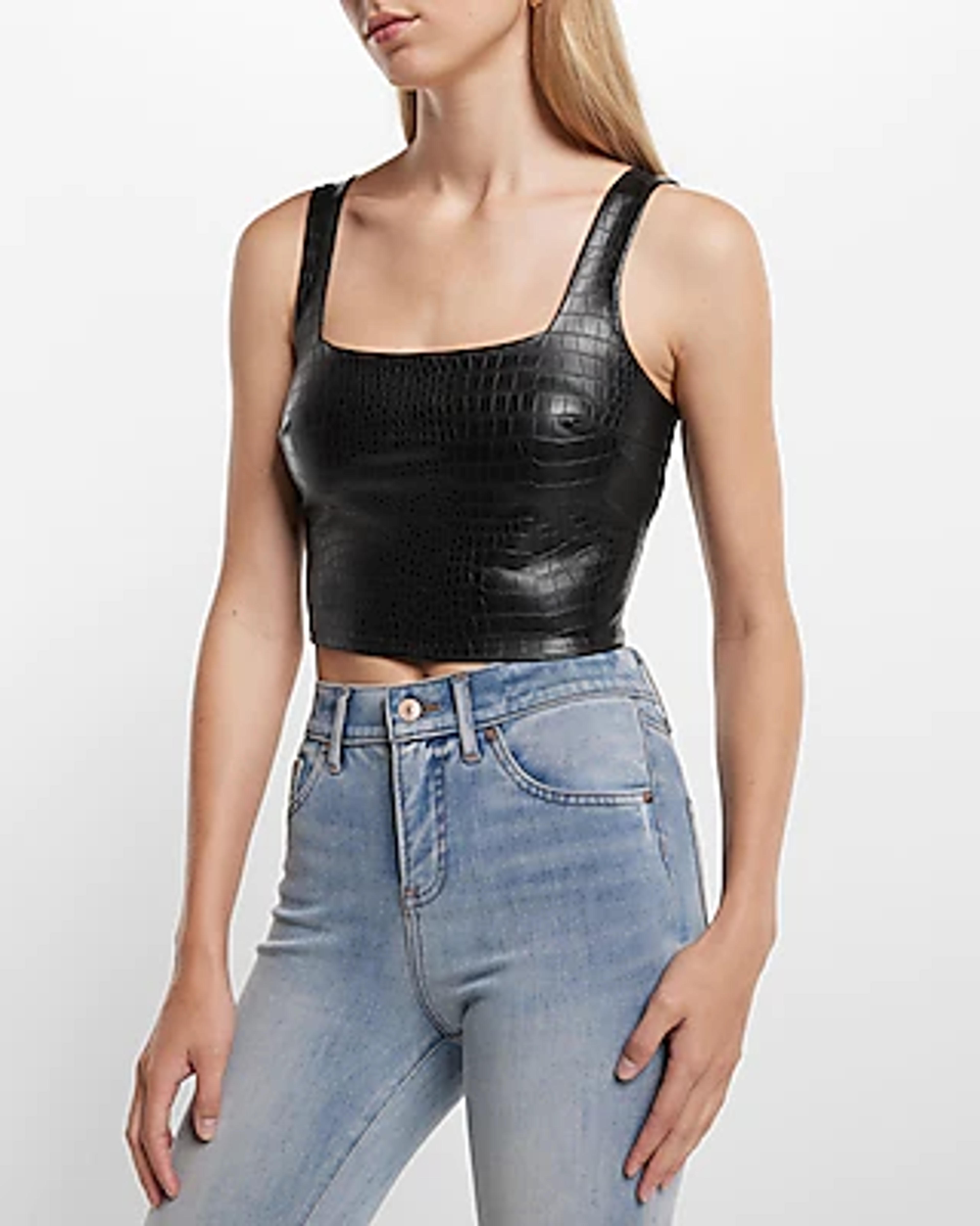 Body Contour Croc Faux Leather Square Neck Cropped Tank | Express