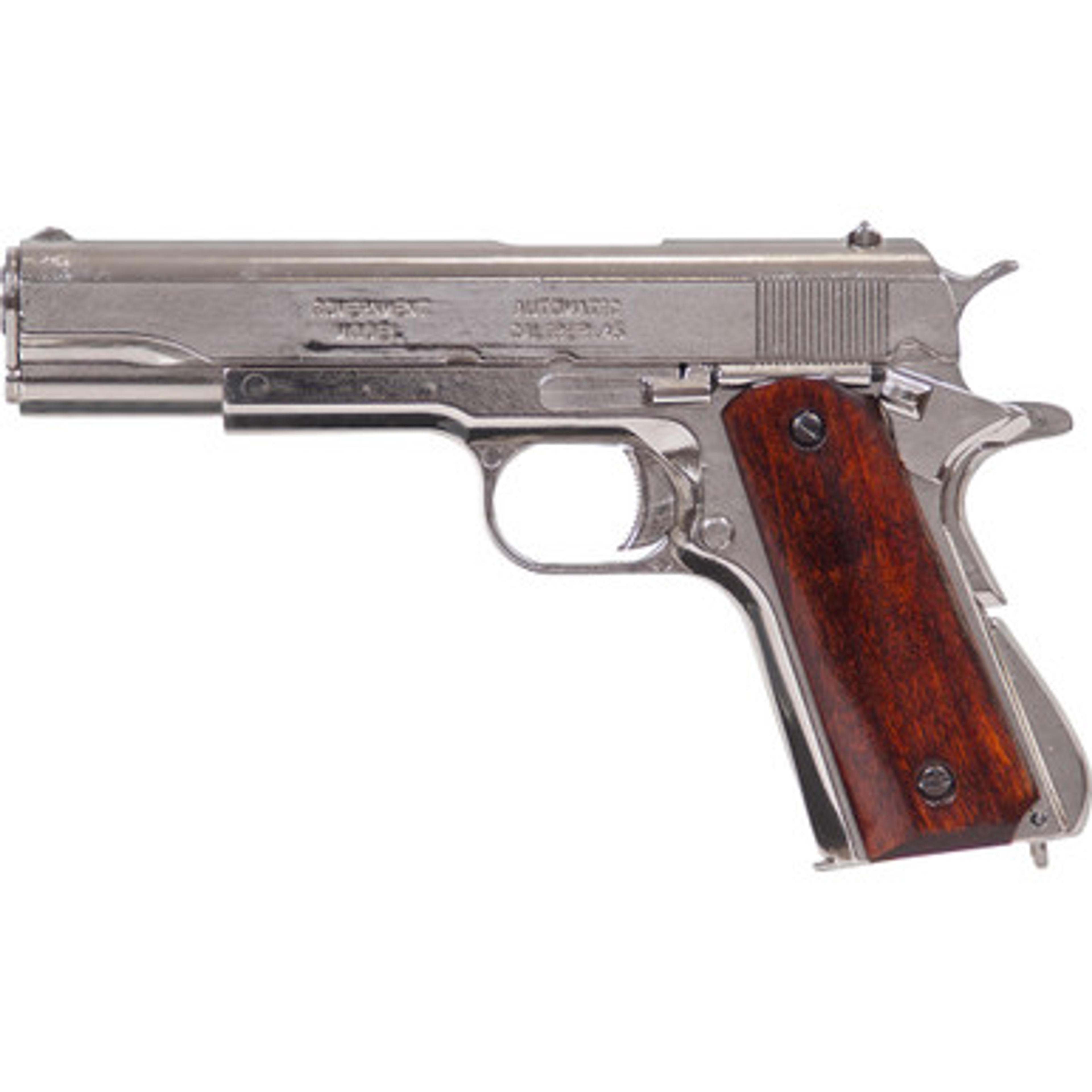 M1911A1 Replica Government 45 Automatic Pistol - Nickel Finish Wood Grips - ReplicaWeaponry.com