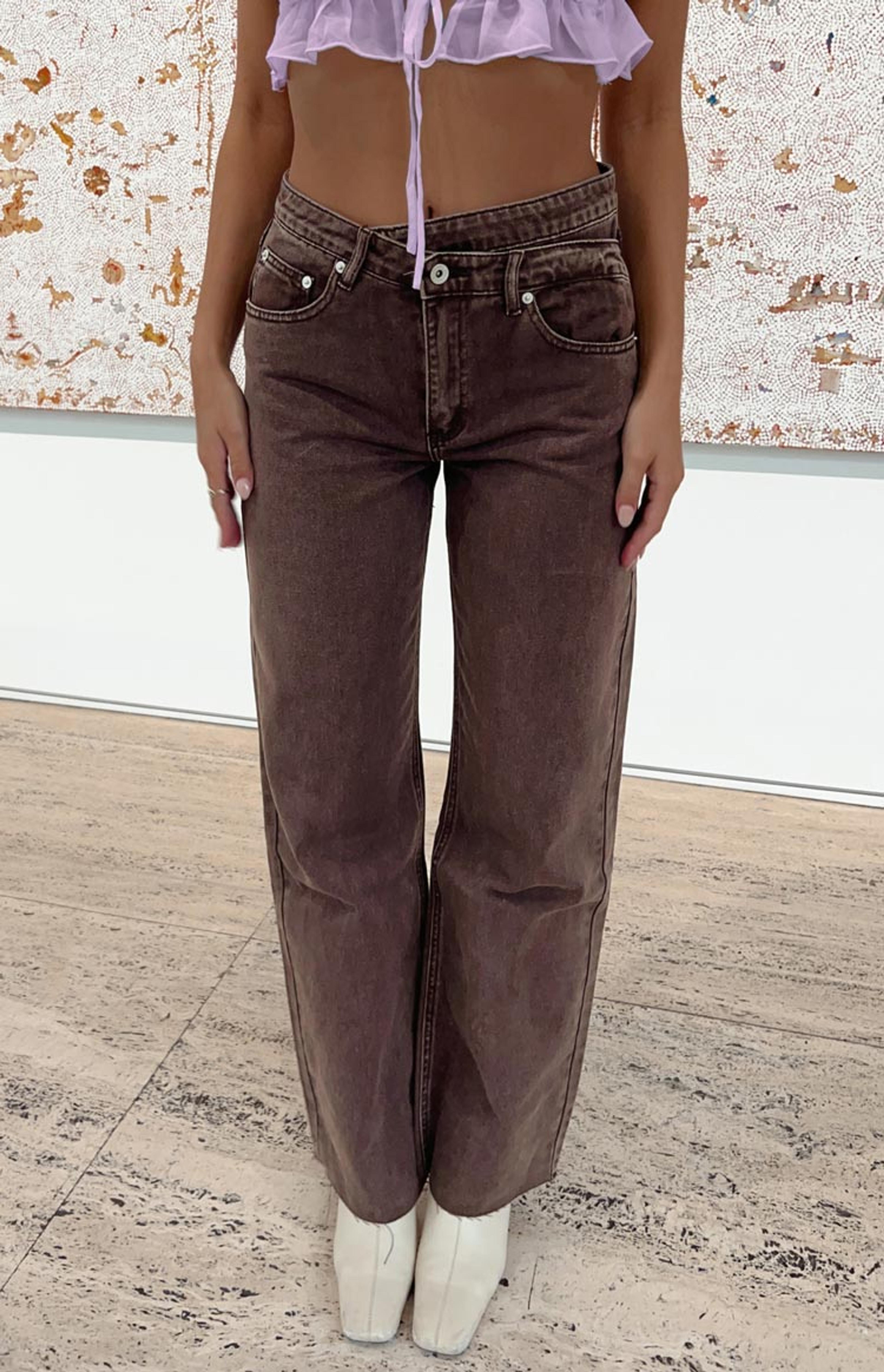 Kansis Brown Uneven Waist Jeans – Beginning Boutique US