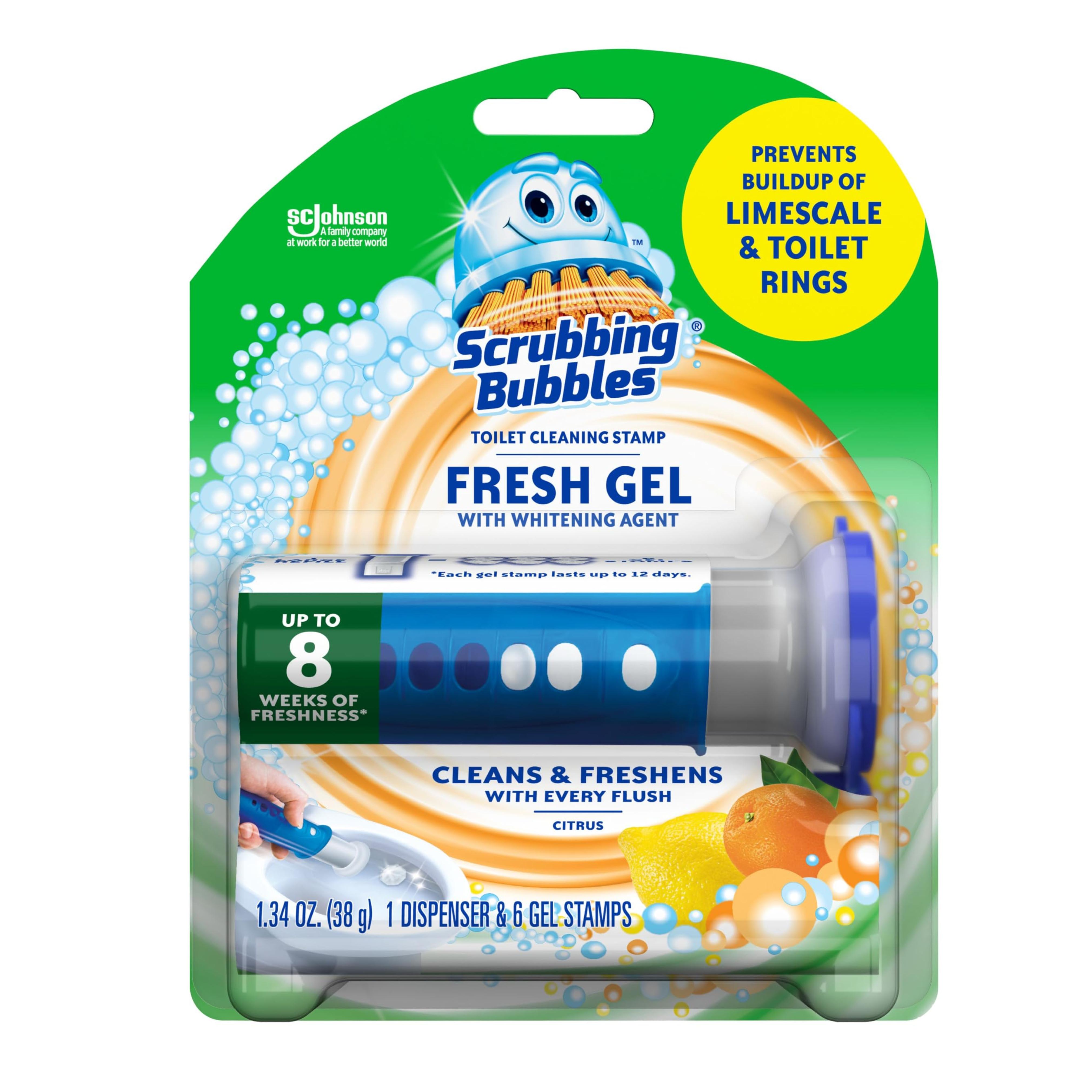 Amazon.com: Scrubbing Bubbles Fresh Gel Toilet Bowl Cleaning Stamps Starter Pack, Clean and Prevent Limescale and Toilet Rings, Citrus Scent, 1 Dispenser with 6 Stamps, 1.34 Oz : Scrubbing Bubbles: Health & Household