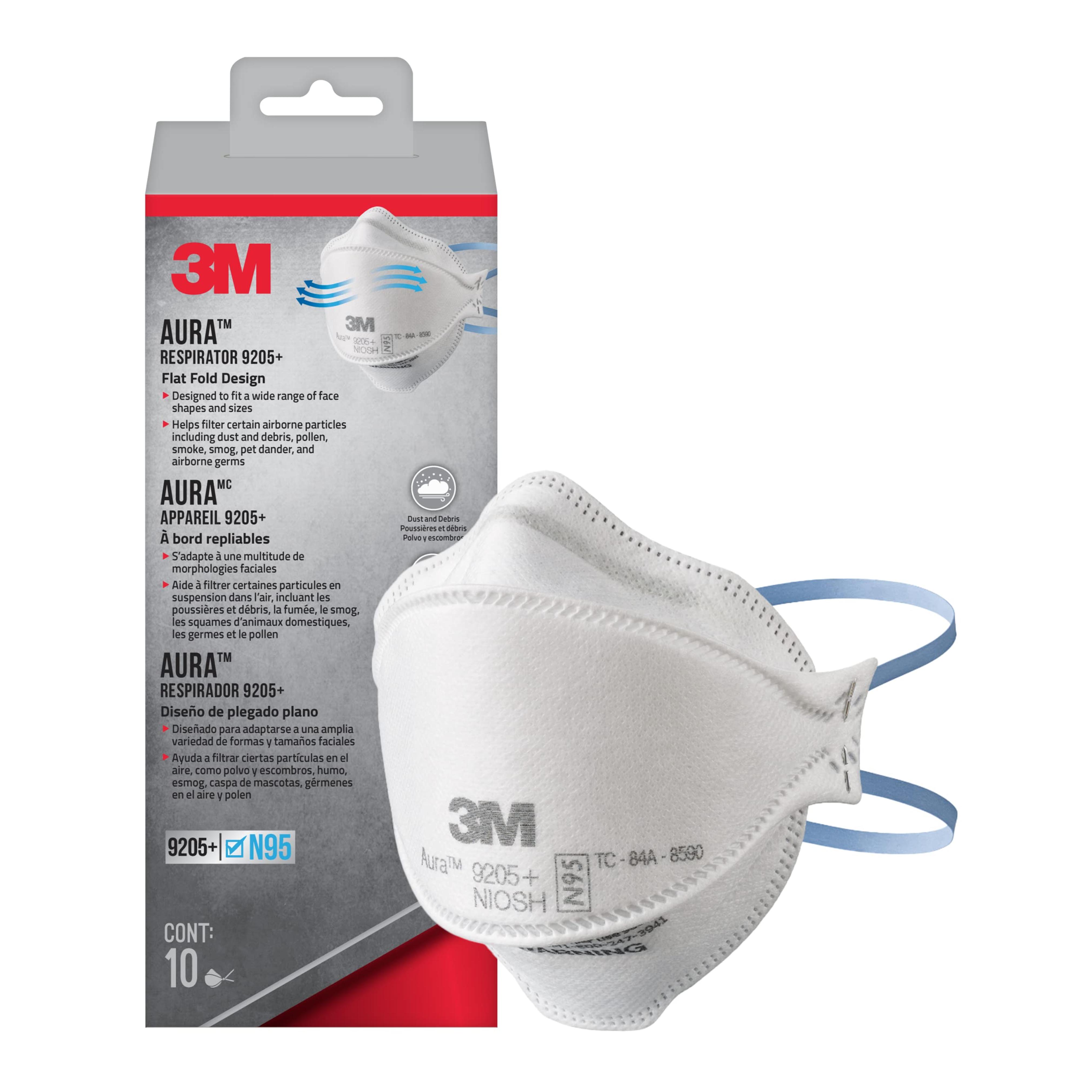 3M 9205+ Aura Particulate N95 Respirator, Flat Fold Non-Valved Disposable Respirator, 10-Pack