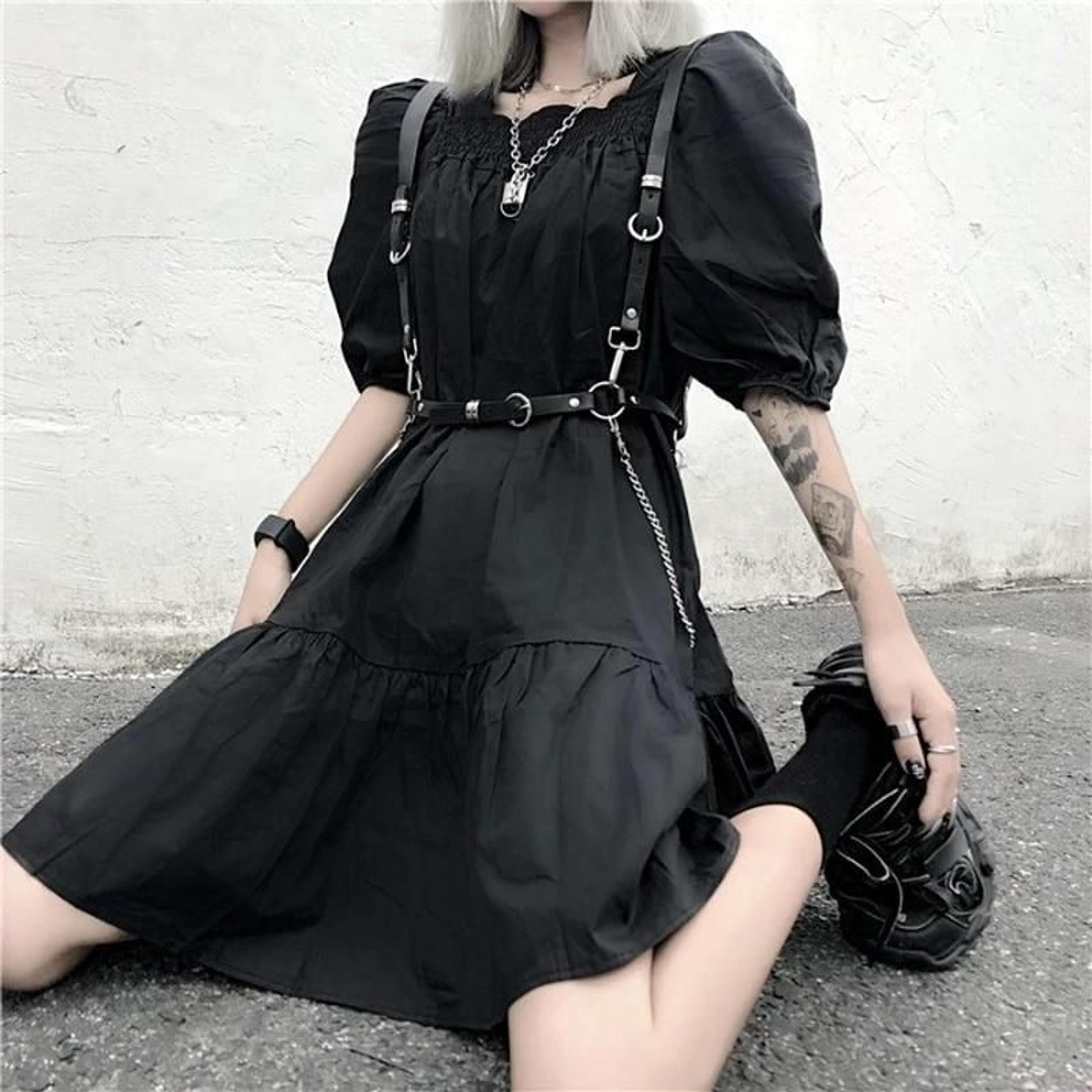 Christmas Gift Women's Punk Goth Dress Gothic Harajuku Streetwear Puff Sleeve Black Ruched Mini Dress Summer Emo Dress 2021 Woman Clothes - Balck And Chain Belt / M