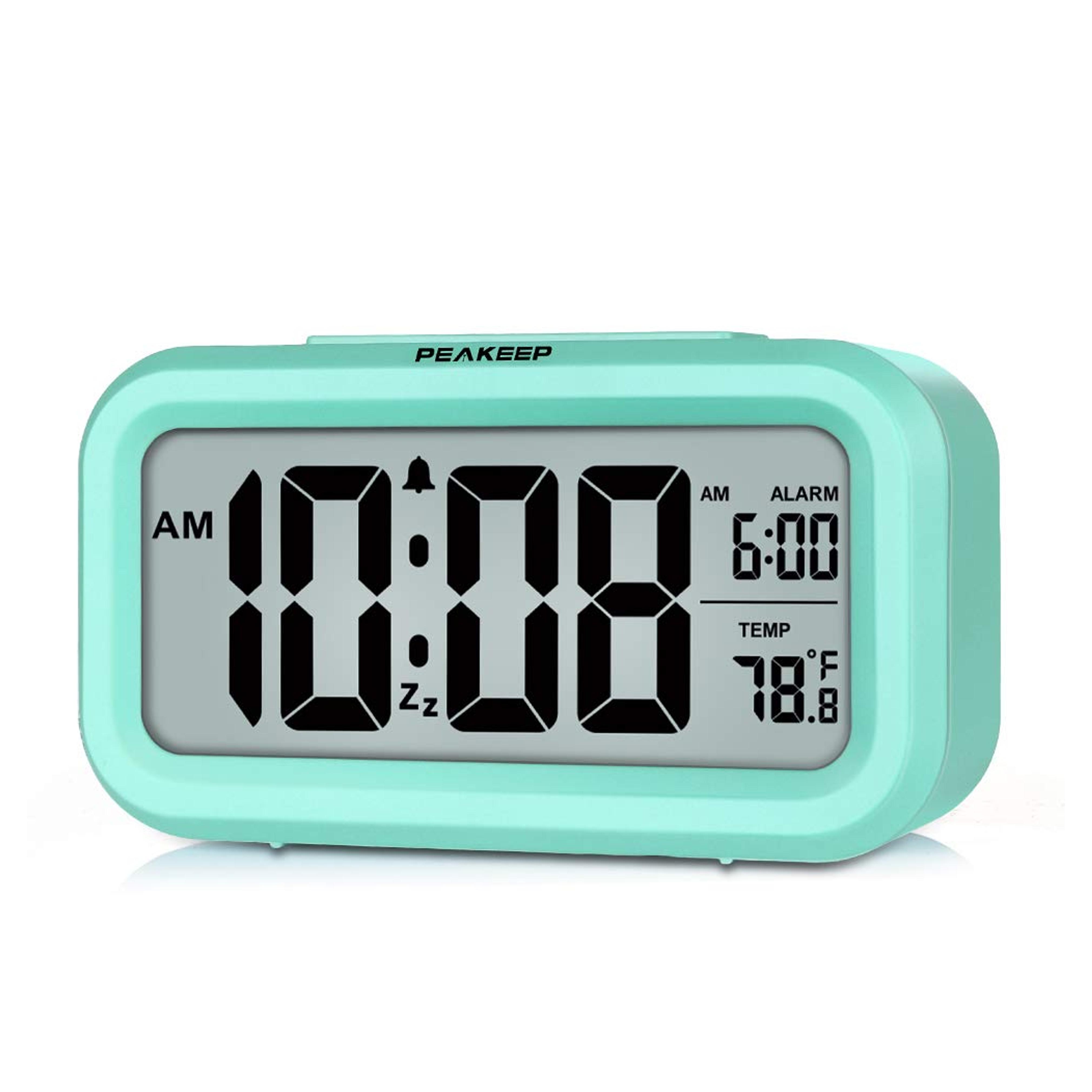 PEAKEEP Smart Night Light Digital Alarm Clock with Indoor Temperature, Battery Operated Desk Small Clock (Mint)