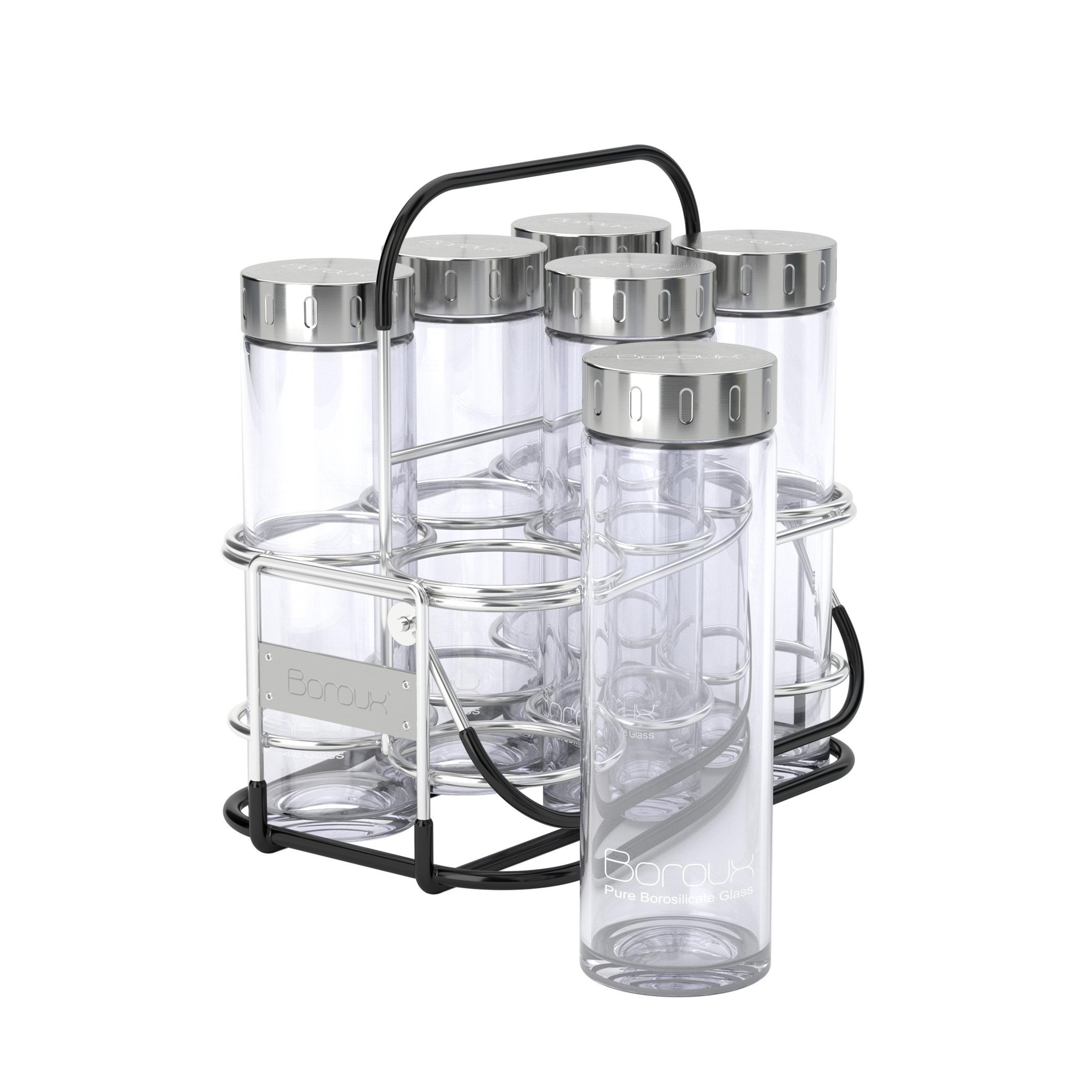 Boroux ® Original Starter Kit - 6 pure Borosilicate 16.9 oz BPA free reusable glass water bottles with stainless steel lid and 1 stainless steel multipurpose rack. Great for essential oils