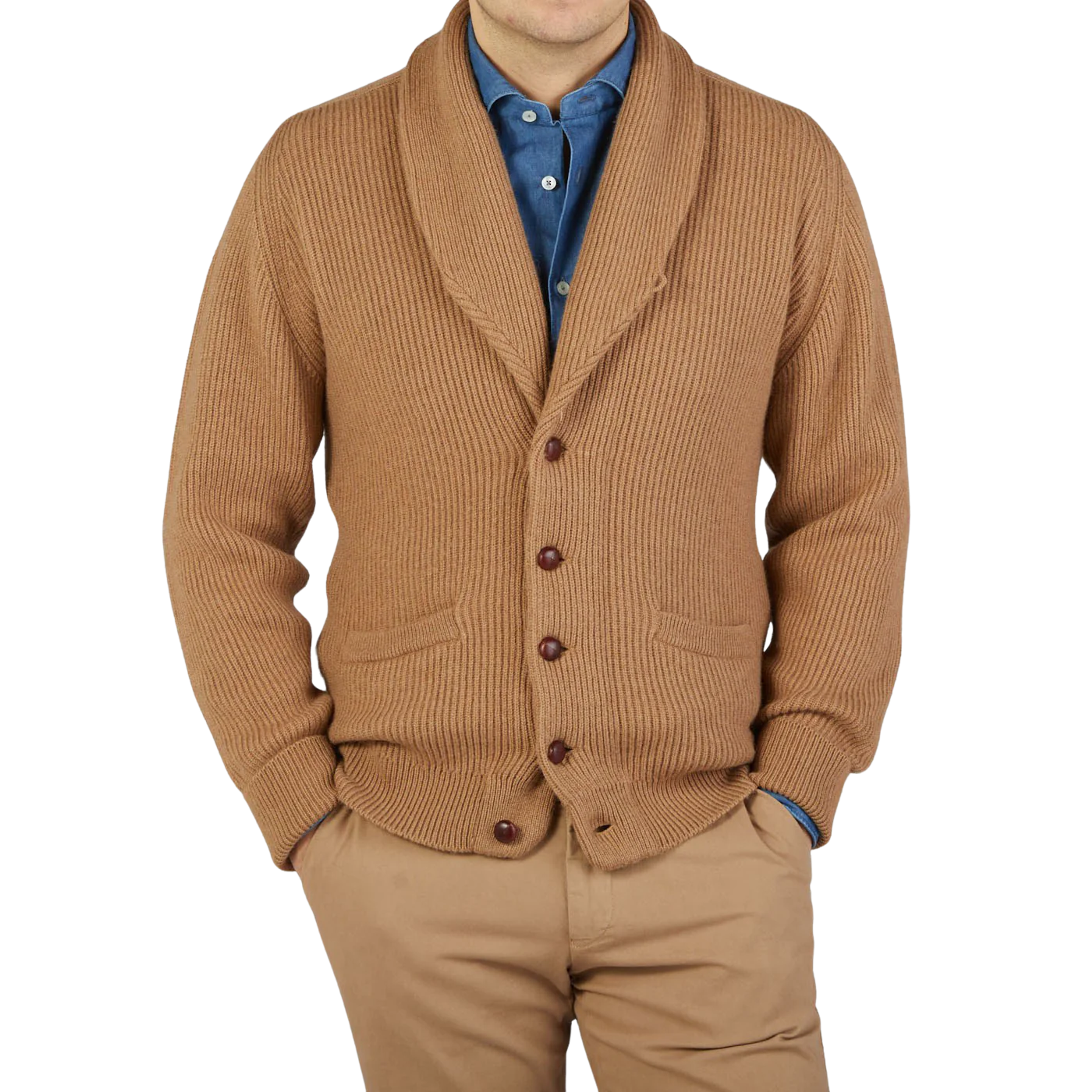 Brown Camel Hair Shawl Collar Cardigan - M