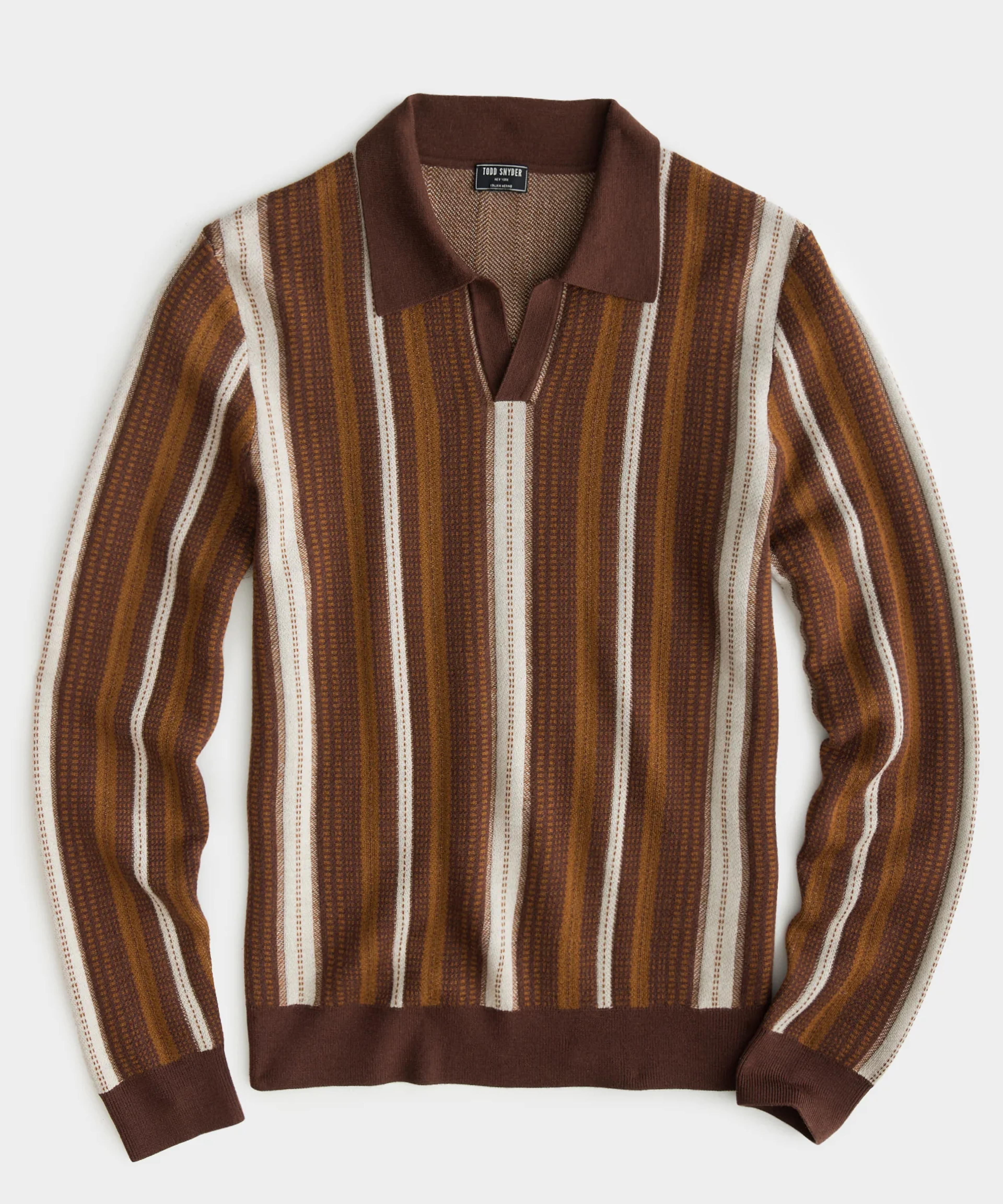 Long-Sleeved Stripe Merino Montauk Polo in Glazed Pecan