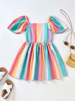 Toddler Girls Colorblock Square Neck Flutter Sleeve Dress