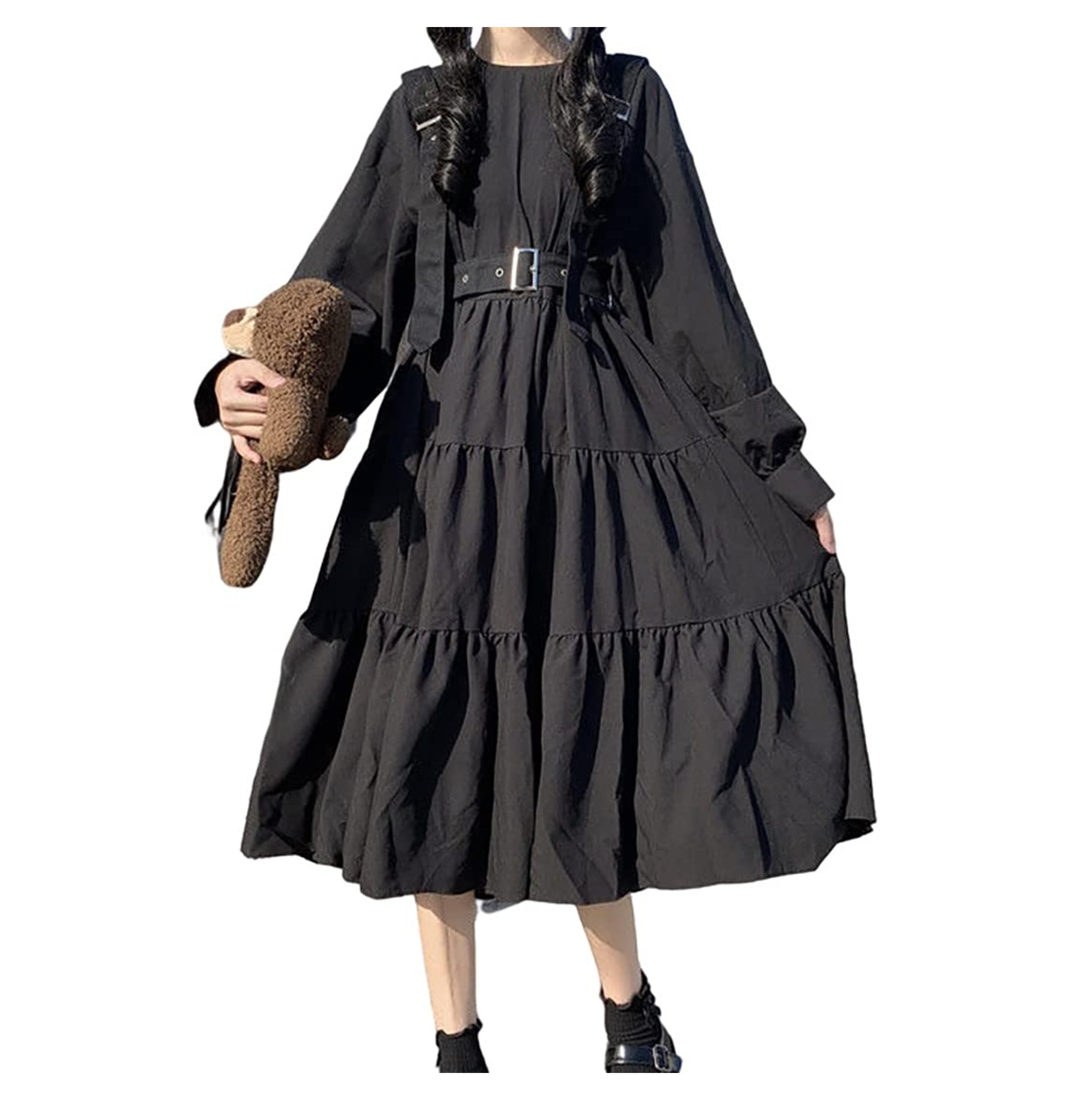 Gothic Dress Women Harajuku Gothic Kawaii Dress Cute Long Sleeve Black Midi Dress Emo Mall Goth