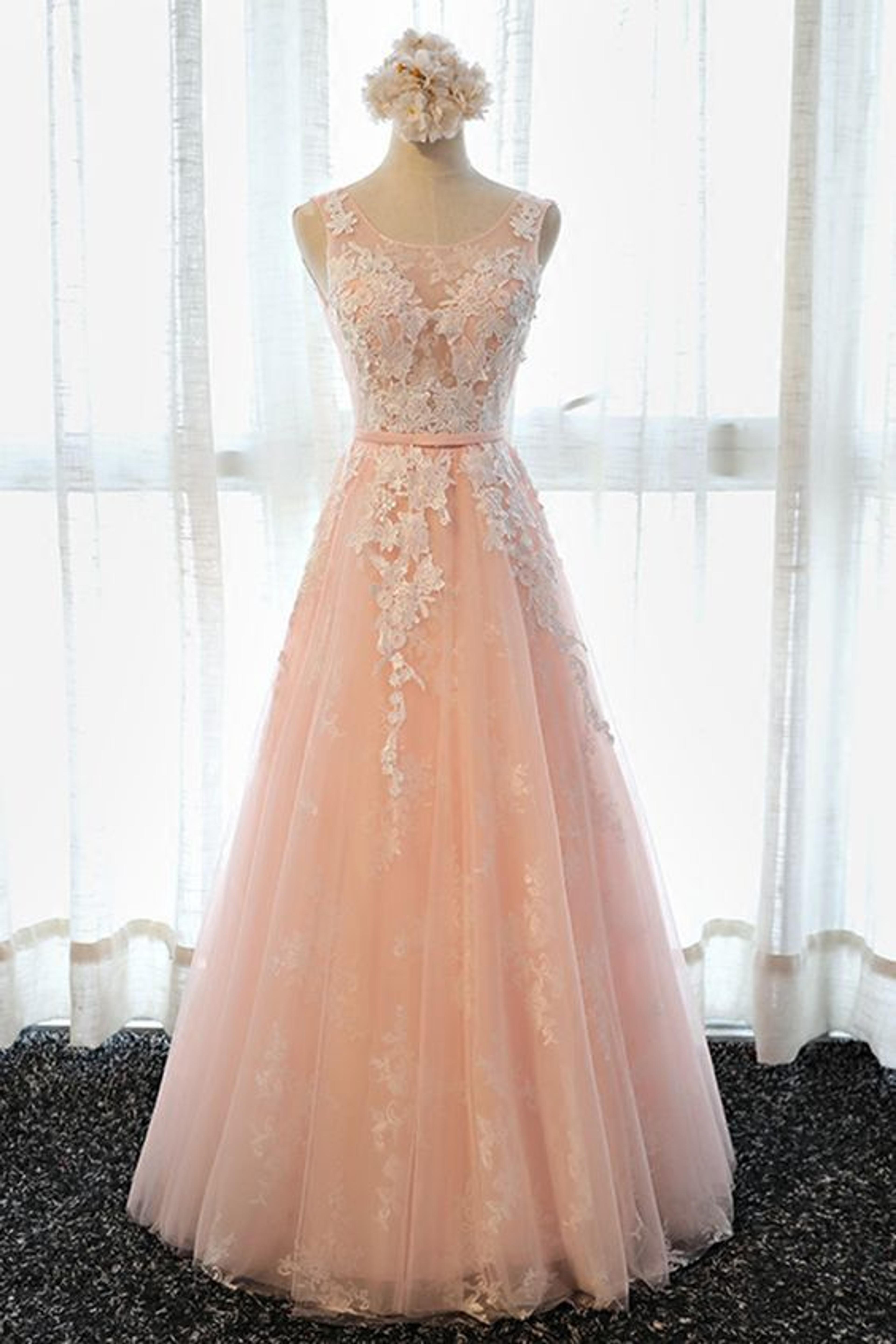 Simple pink lace long senior prom dress, long tulle bridesmaid dress