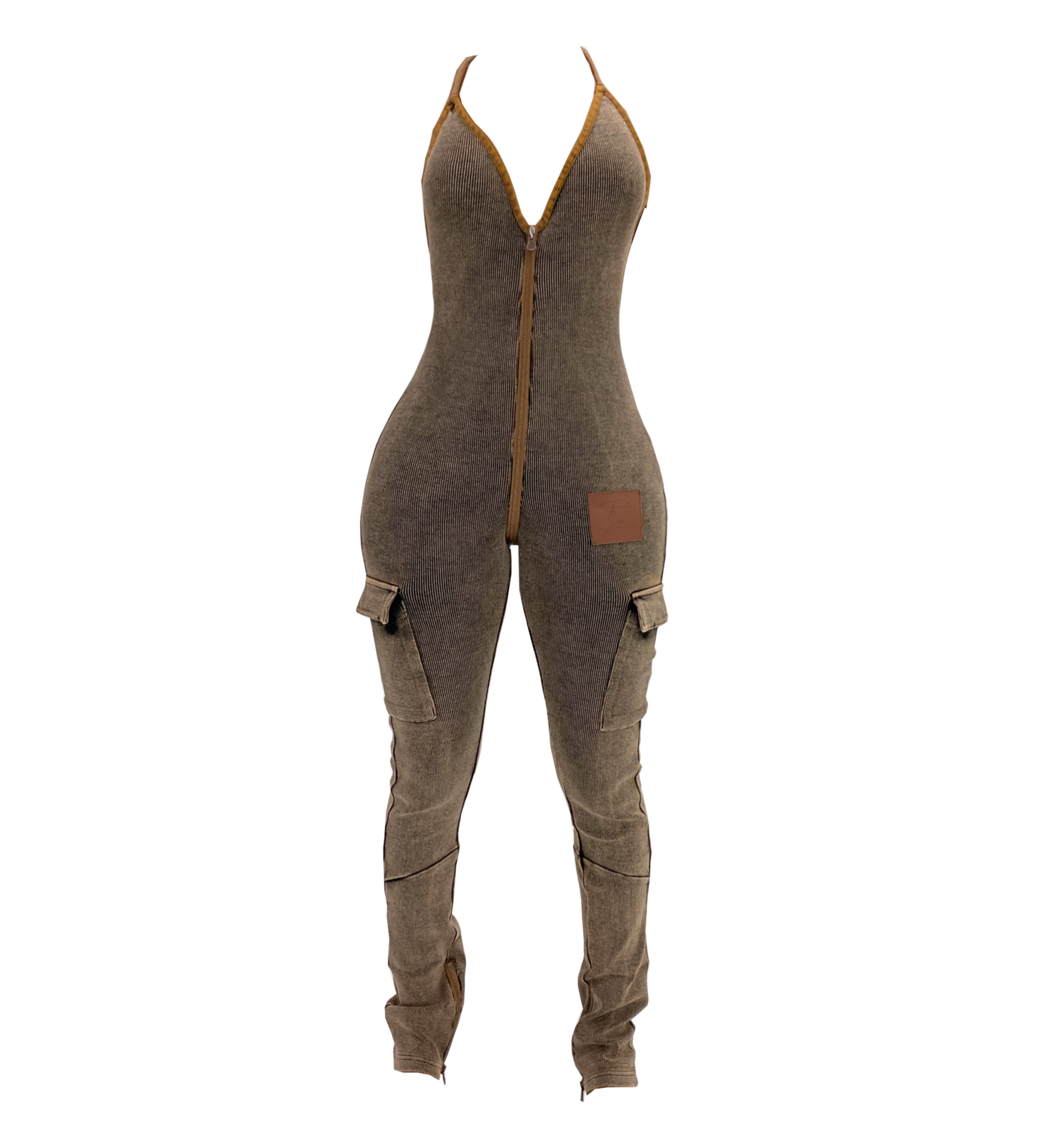 BROWN UZIP JUMPSUIT — ‎